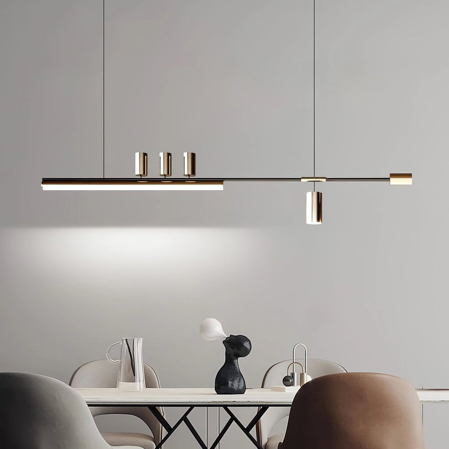 Nordic-inspired LED pendant light with adjustable wire, warm and cool light options, hanging above a wooden table in a modern grey interior with shelving and decor.
