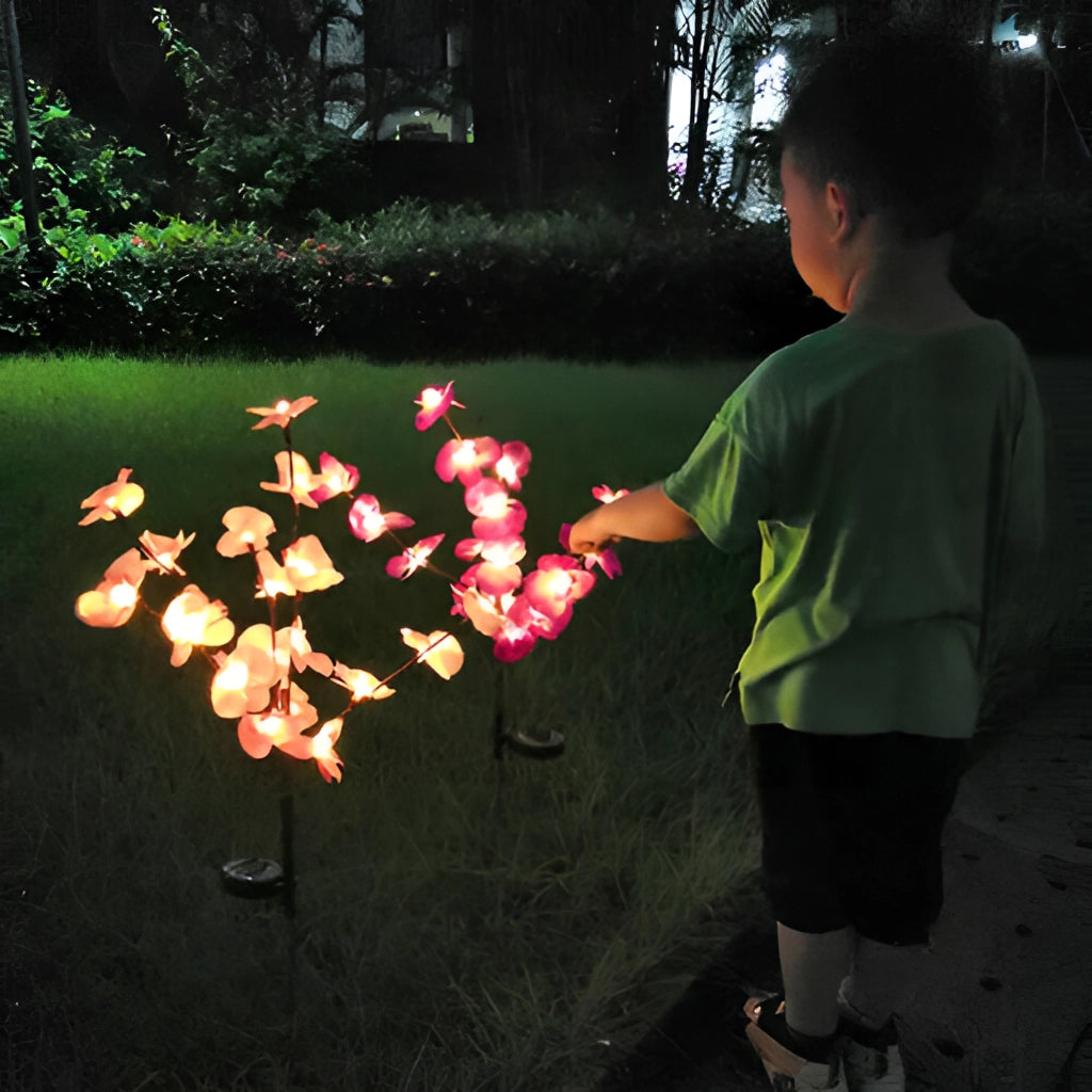 LED Solar Orchid Lights with Color Transition in a garden setting with green grass and people enjoying outdoor activities.