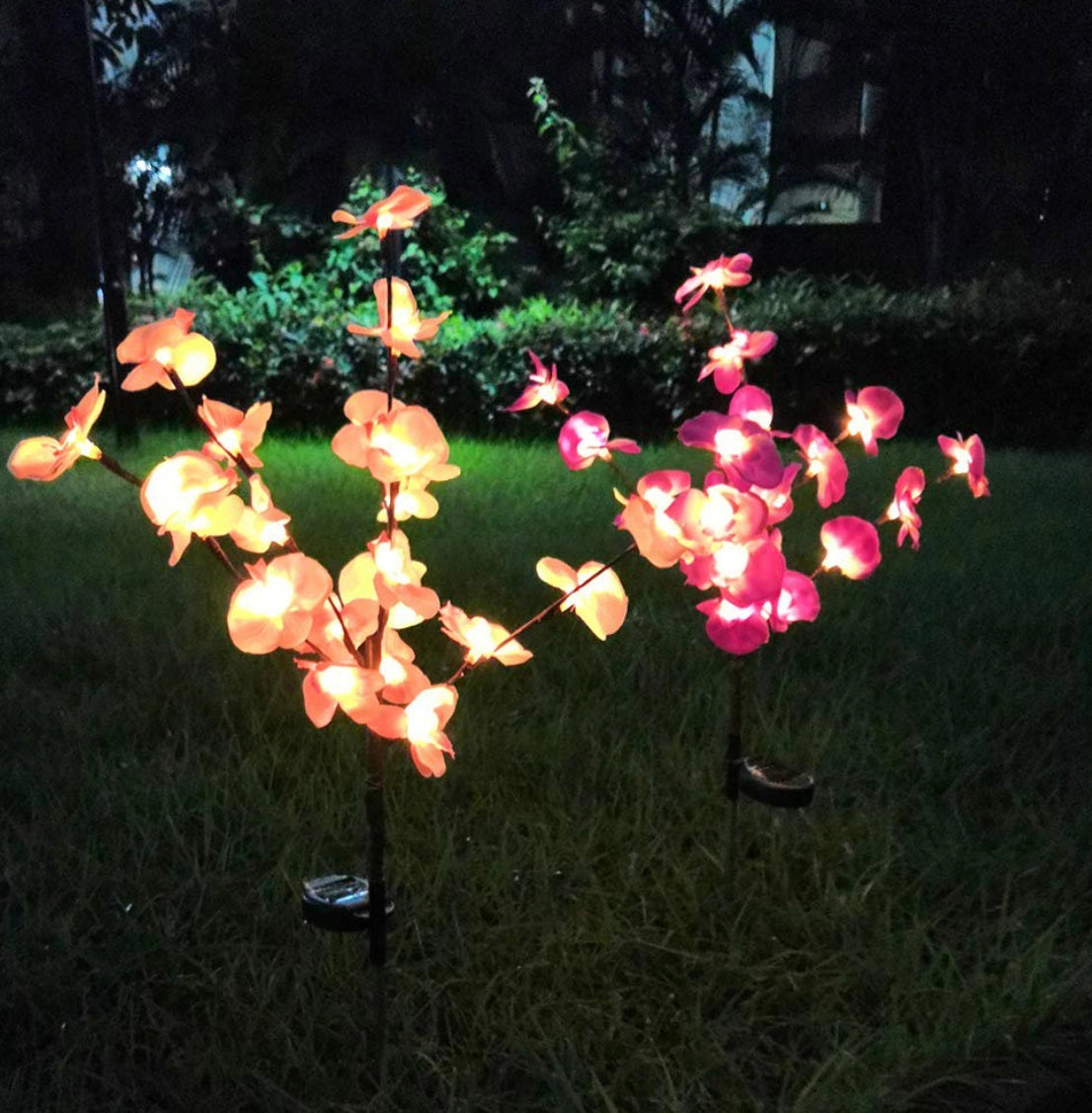 LED Solar Orchid Lights with Color Transition - Twin Pack placed among green grass and shrubs in a natural landscape. The colorful petals are illuminated, adding a decorative touch to the outdoor setting.