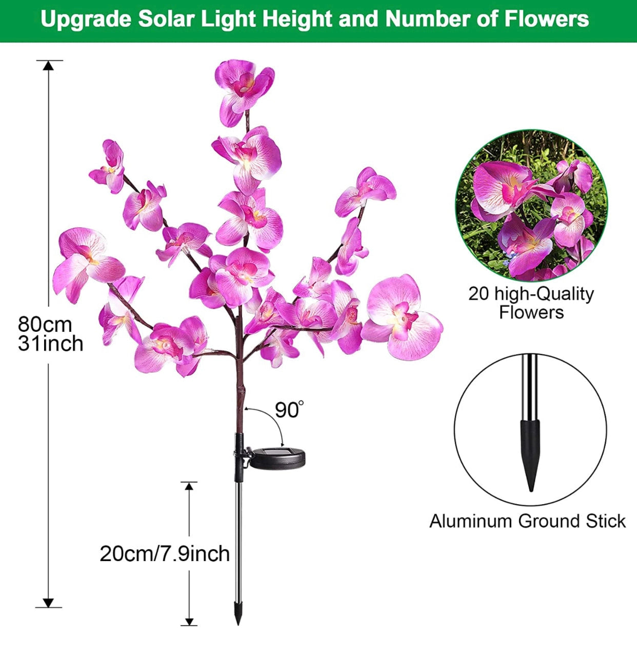 LED Solar Orchid Lights with Color Transition in a Twin Pack featuring vibrant violet and magenta hues, designed to resemble real terrestrial orchid plants.