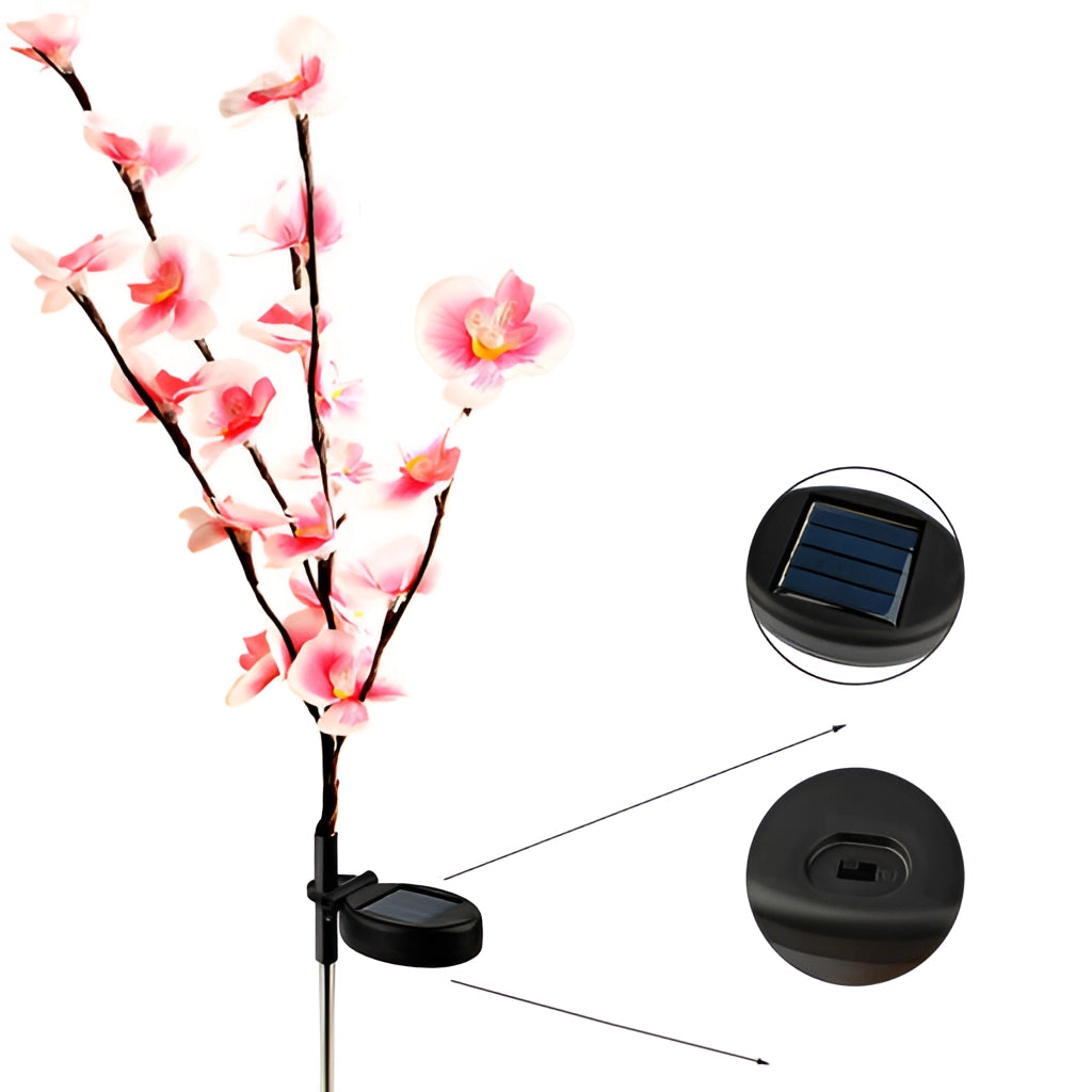 LED Solar Orchid Lights with Color Transition - Twin Pack featuring realistic orchid flowers with glowing petals, mounted on twigs, perfect for outdoor garden decoration.