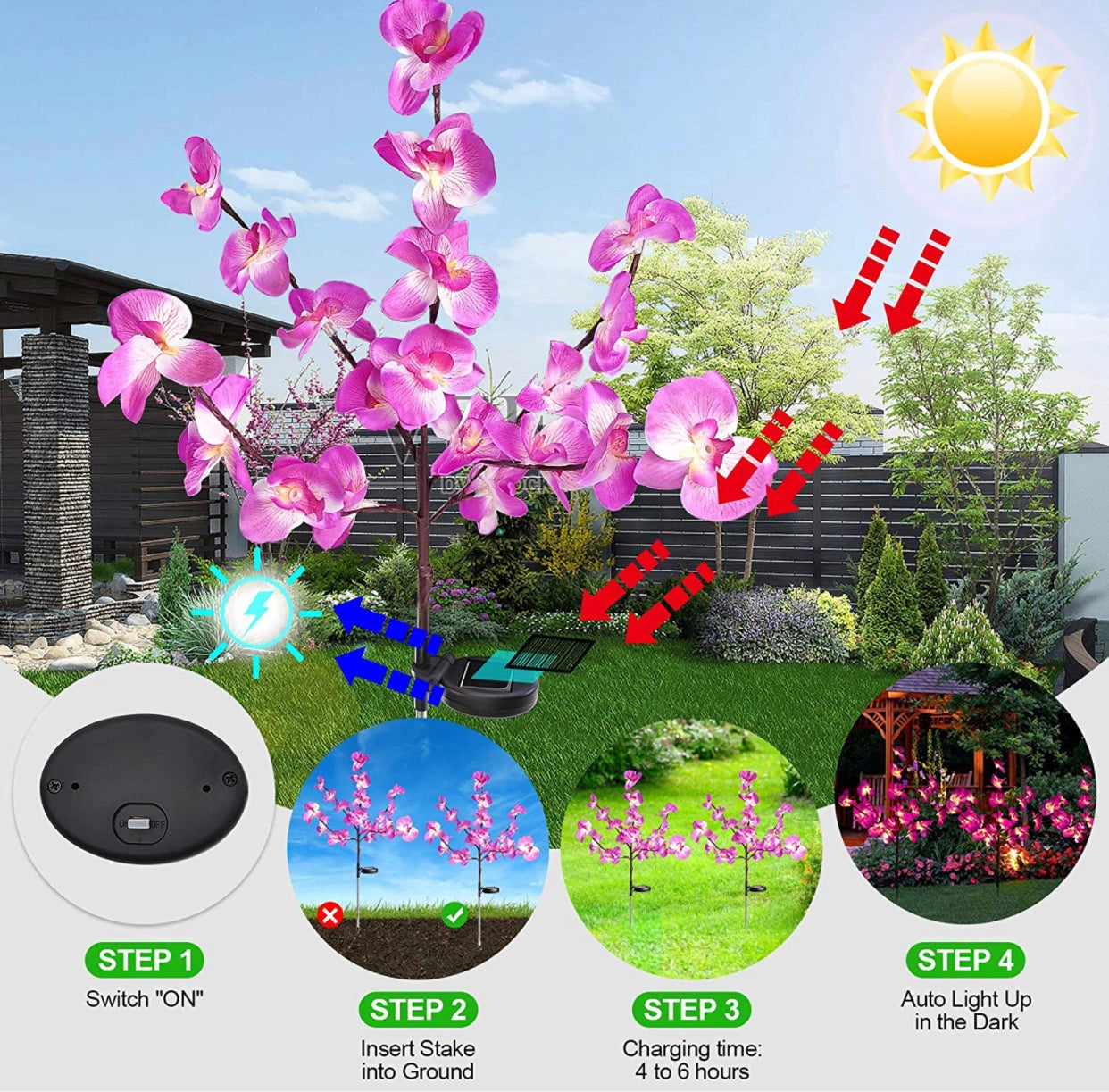 LED Solar Orchid Lights with Color Transition - Twin Pack illuminating a garden with realistic orchid flowers against a natural outdoor backdrop with grass and trees.