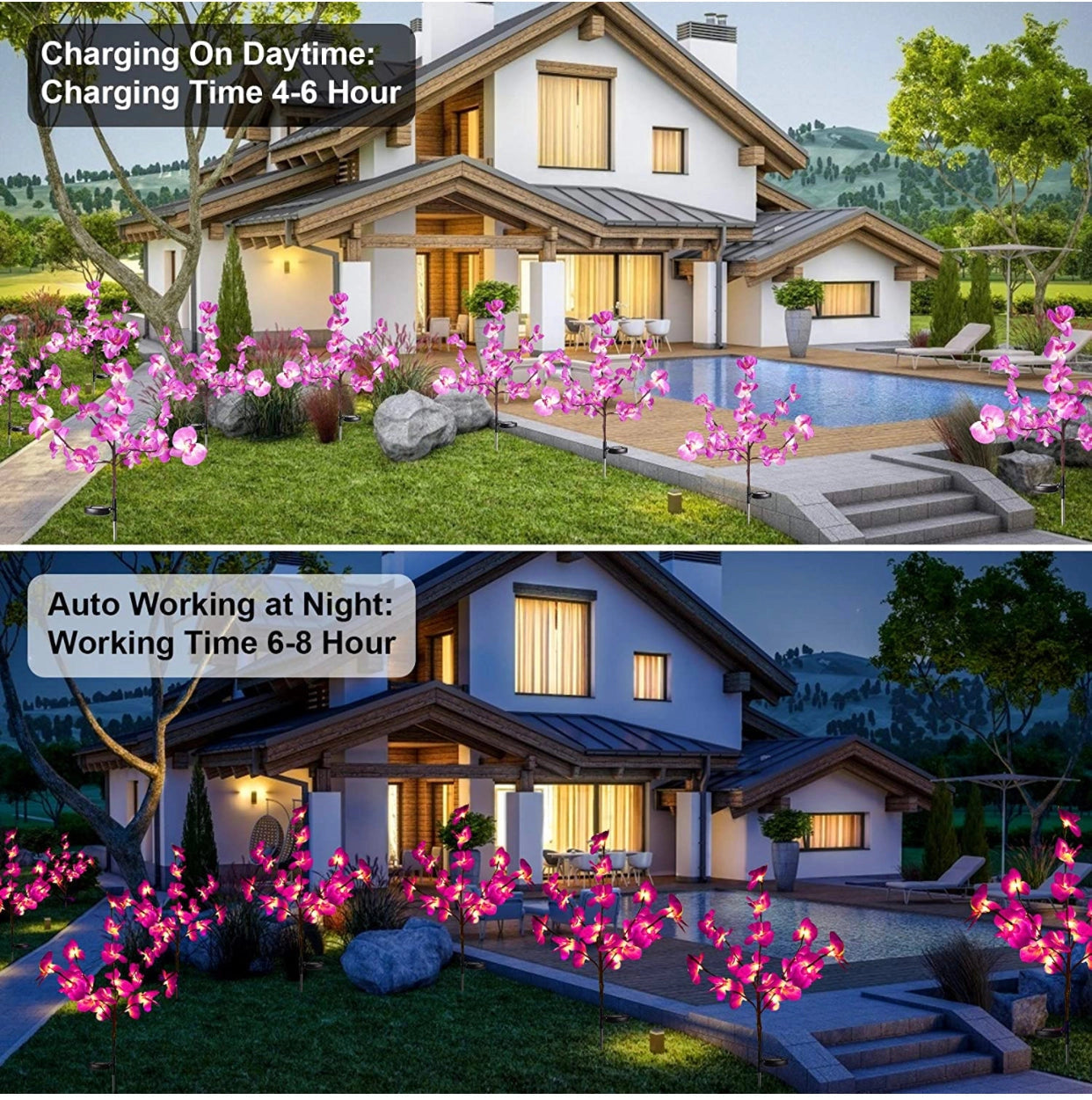 Twin pack of LED solar orchid lights with color transition, featuring vibrant purple flowers in a natural setting.