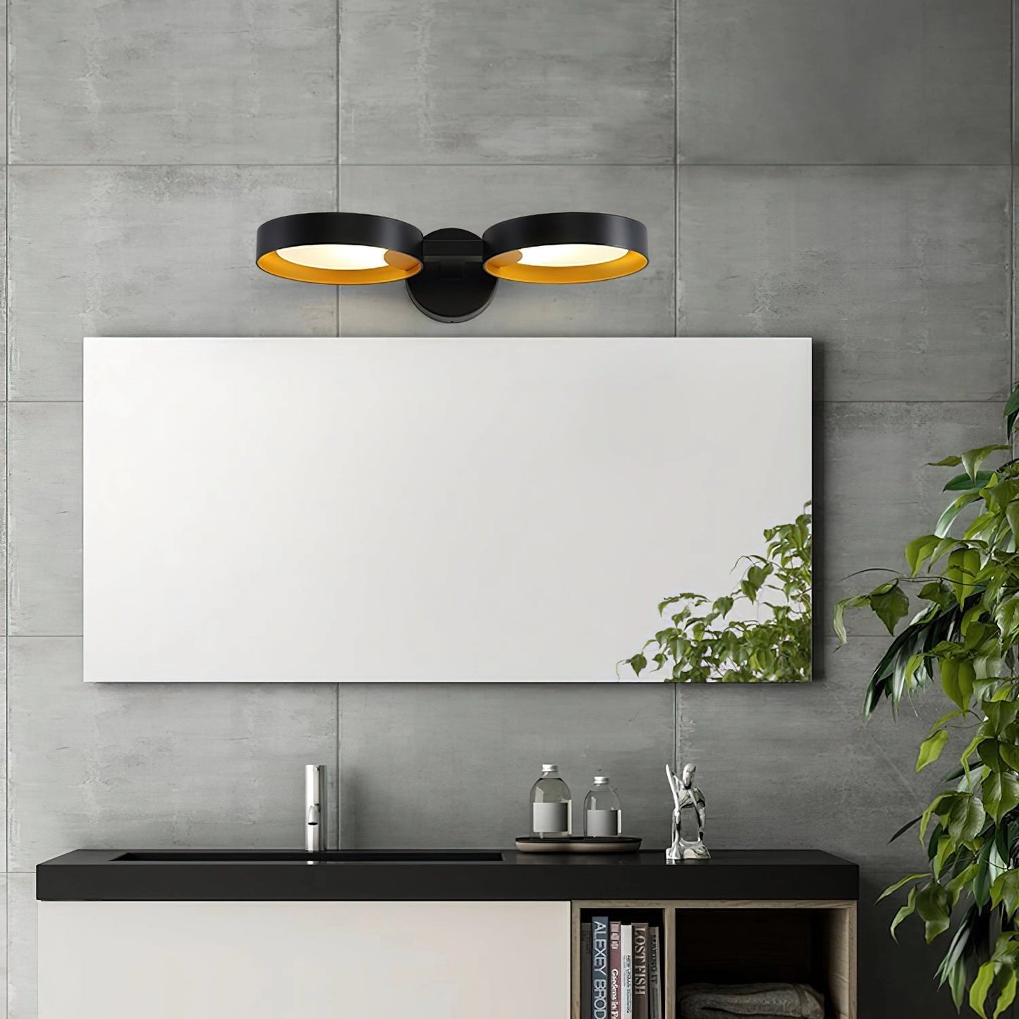 Contemporary iron and acrylic LED wall light with artistic design, illuminating a modern kitchen with cabinetry, countertop, sink, and shelving in the background.