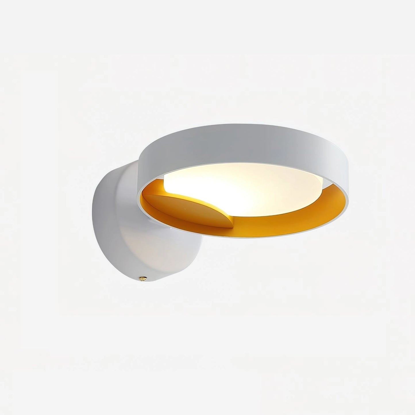 A pair of contemporary single-headed LED wall lights with artistic design, featuring white and orange iron and acrylic sconces, emitting cool light.