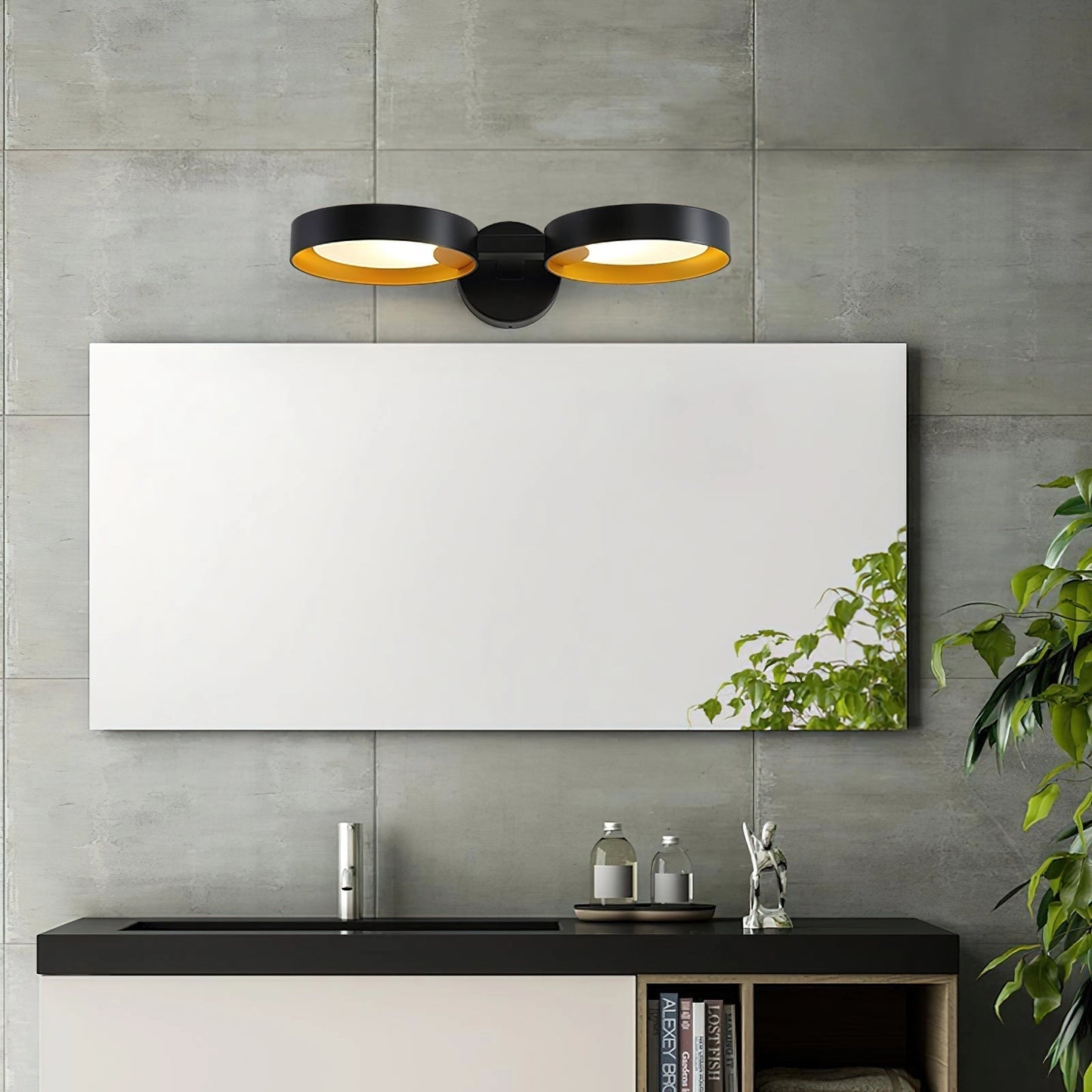 Contemporary LED wall light with artistic design, featuring iron and acrylic materials, mounted above a white sink with cabinetry and a potted plant nearby.