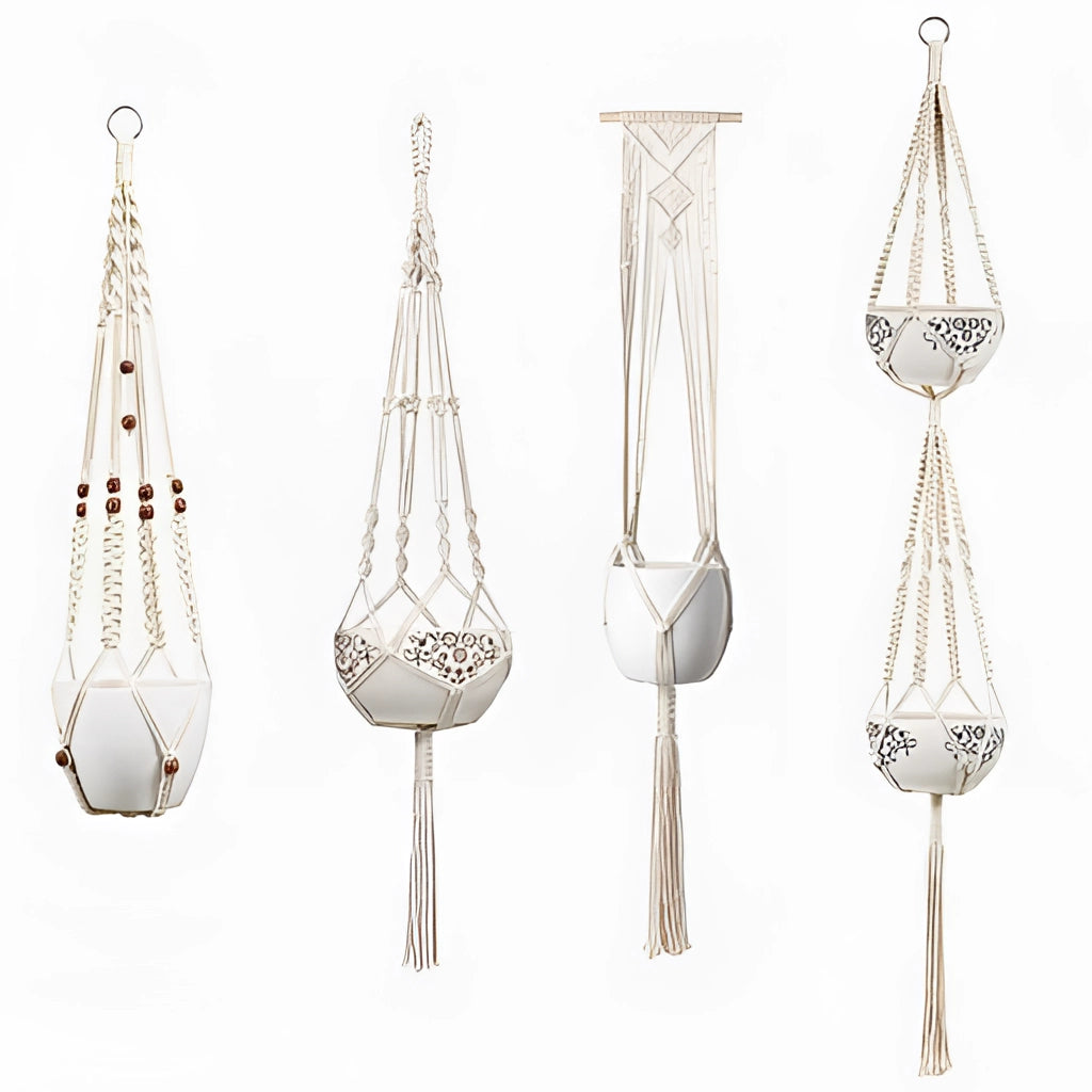 Handcrafted Bohemian style macrame plant hangers set of 4 displayed against a neutral background.