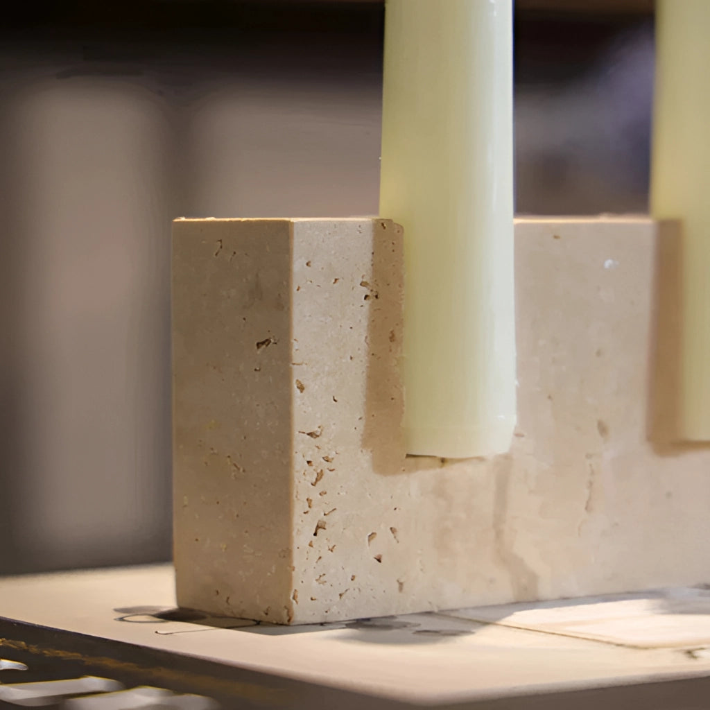 Marble candle holder with a sleek, rectangular design, perfect for weddings and parties, placed on a wooden surface.