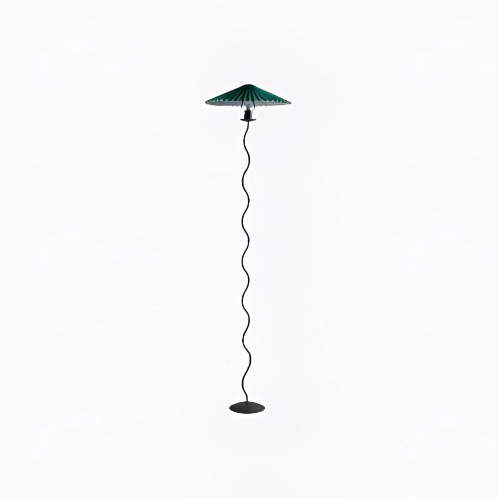 Metal Textile Curved Pleated Floor Lamp in Teal with a sleek pole and pleated shade.