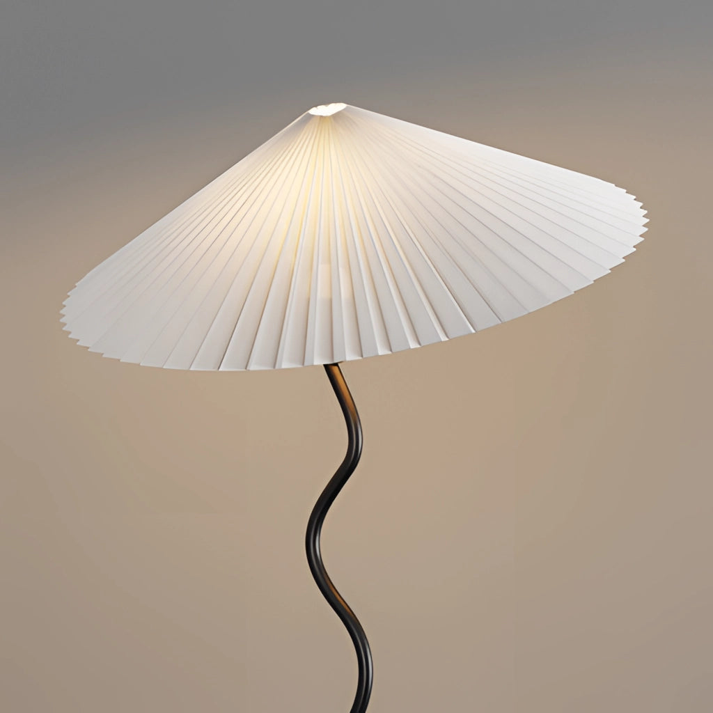 Metal Textile Curved Pleated Floor Lamp with a pleated lampshade, wooden base, and metal accents.