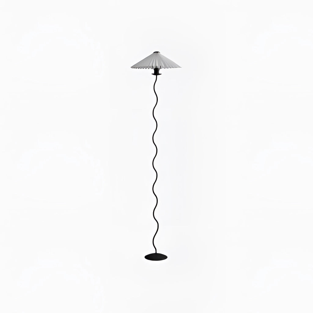 White curved pleated floor lamp with a metal textile design, featuring a sleek and modern aesthetic suitable for interior design and ambient lighting.
