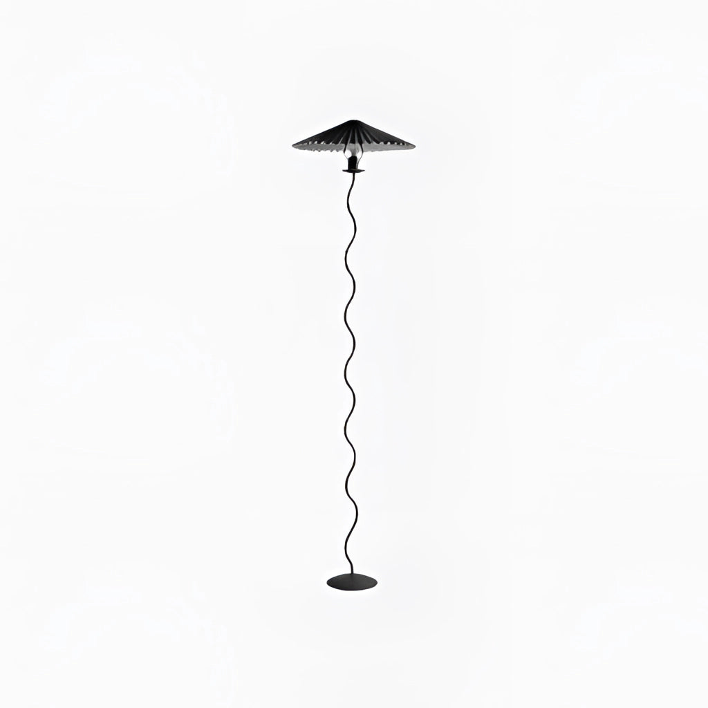 Black Metal Textile Curved Pleated Floor Lamp with a sleek, artistic design and balanced structure.