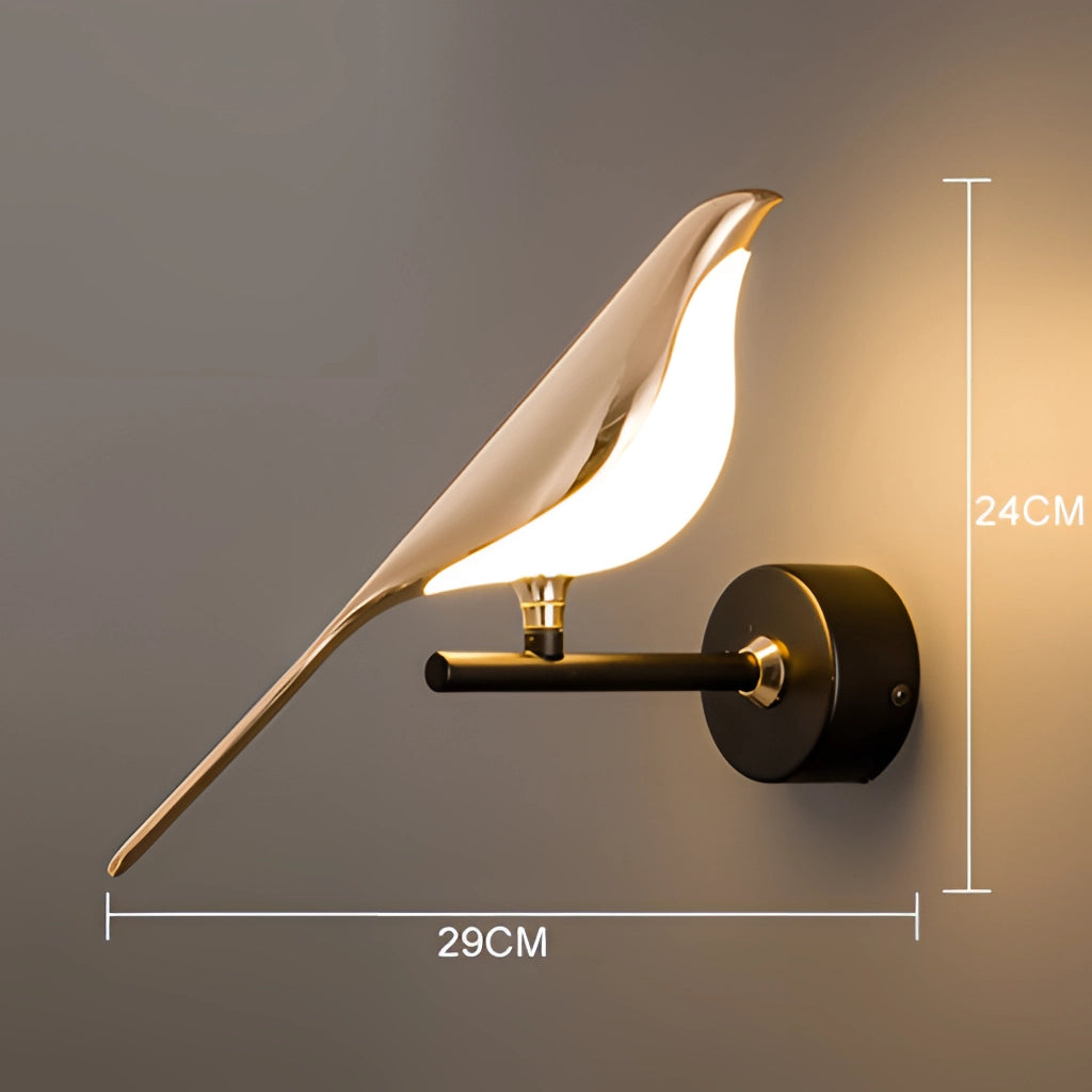 Modern rotatable wall sconce with a 360-degree gold lampshade, featuring a single head emitting warm light, mounted on a wooden base.