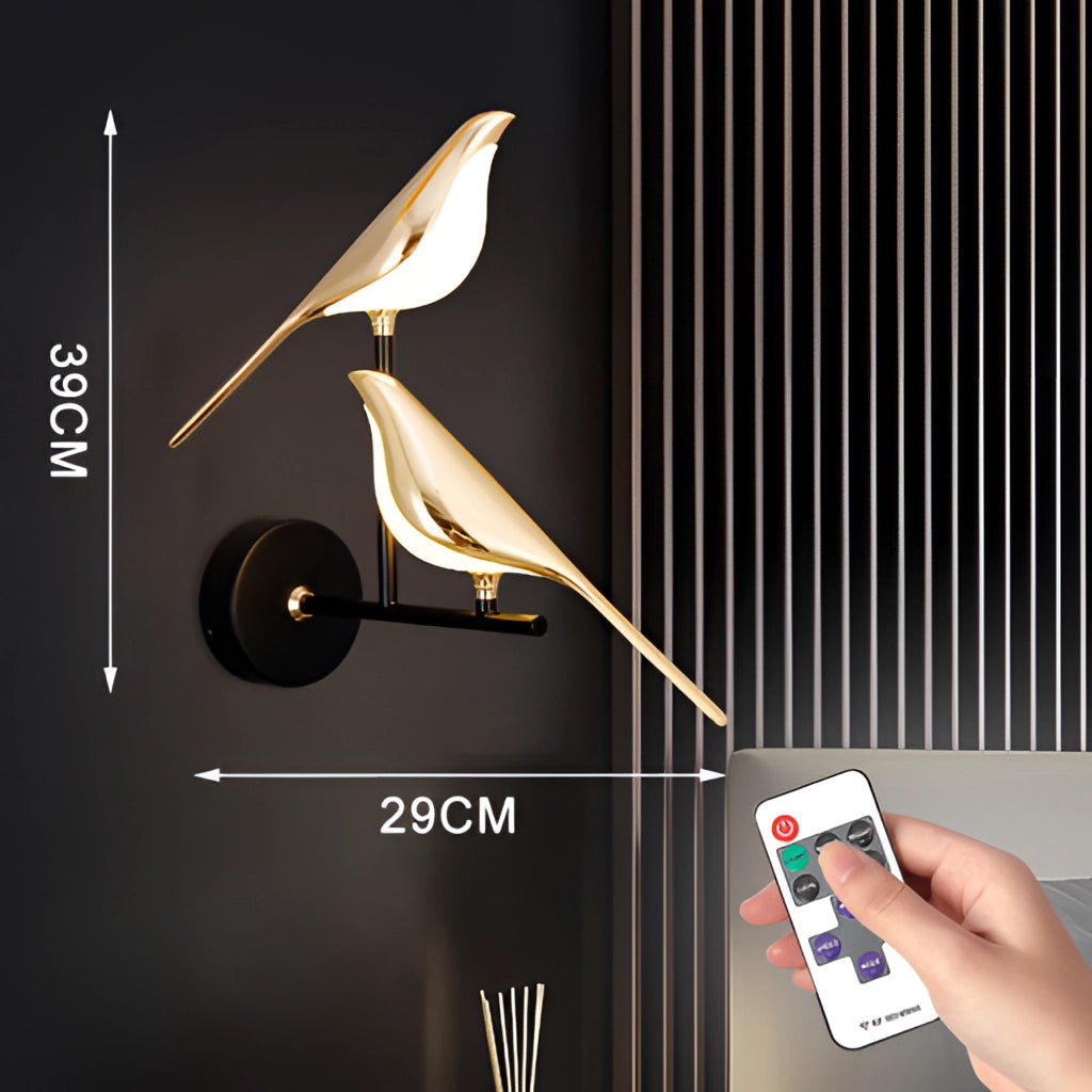 Modern rotatable wall sconce with 360-degree gold lampshade, featuring two heads and warm light, controlled via remote.