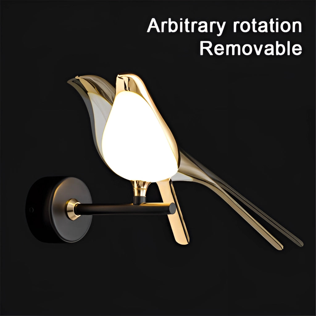 Modern rotatable wall sconce with a 360-degree gold lampshade, featuring a sleek metallic design and artistic bird illustration.