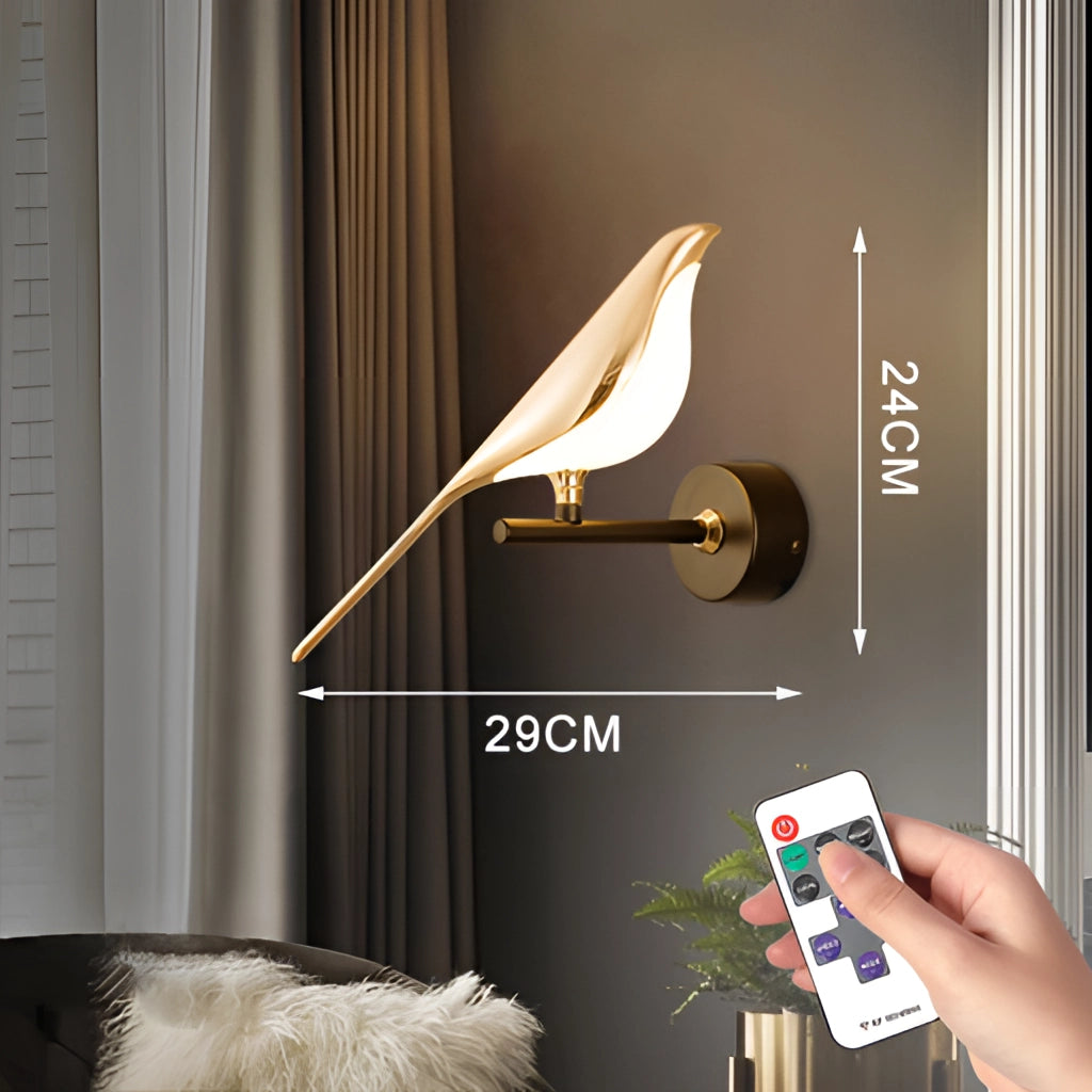 Modern rotatable wall sconce with a 360-degree gold lampshade, 1-head design, warm light, and remote control, mounted on a wooden wall in a stylish room.