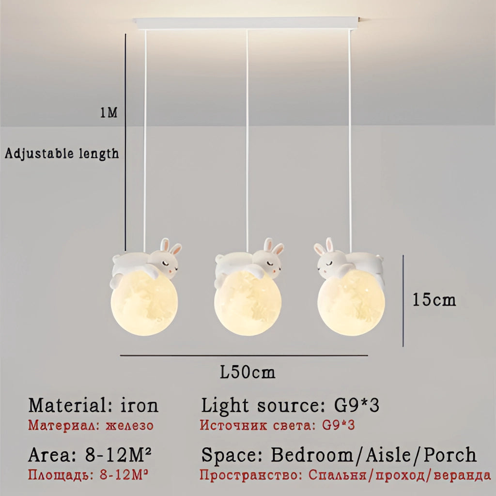 Modern Nordic Pendant Lights with Bunny-shaped 3-heads, featuring neutral light 4000K LED bulbs, suspended as a stylish chandelier.