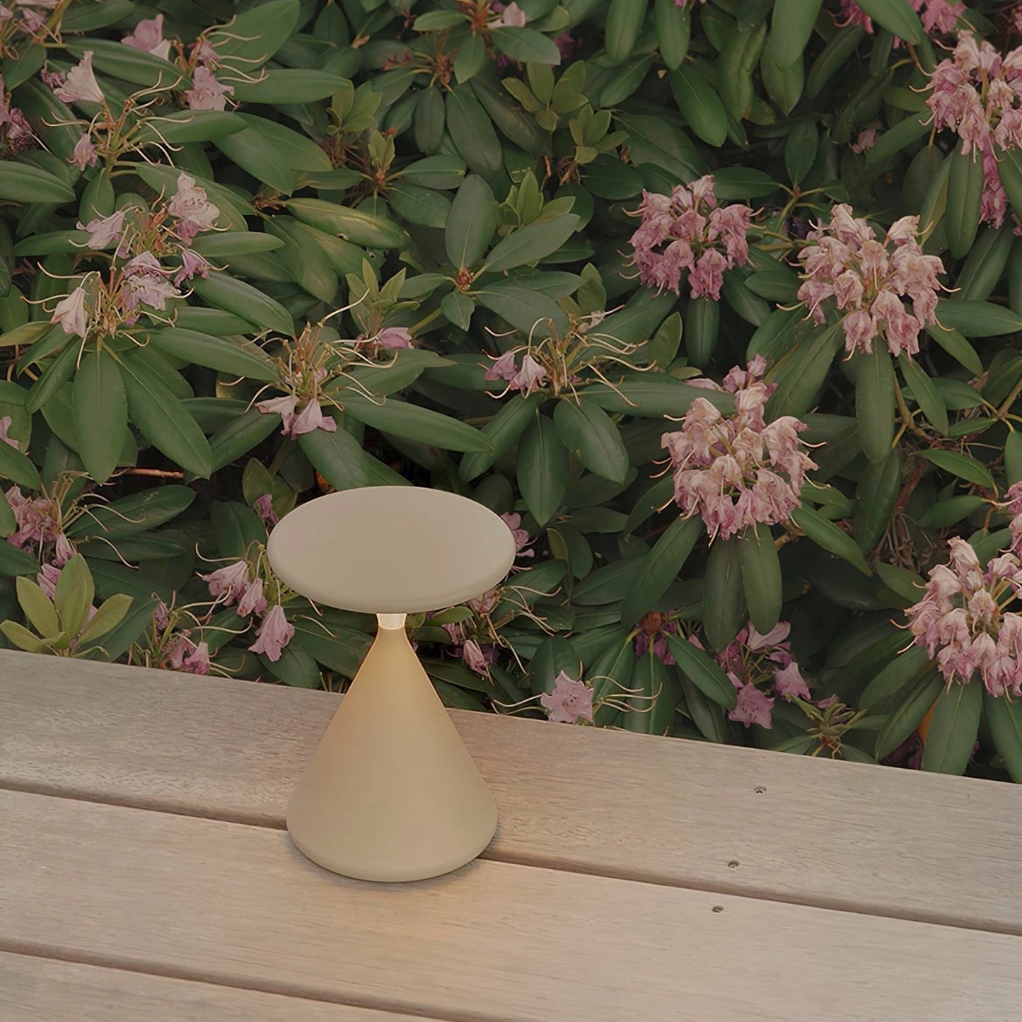Outdoor cordless lamp for portable ambiance - Selene, versatile and elegant, placed on a wooden table surrounded by various plants and flowers.
