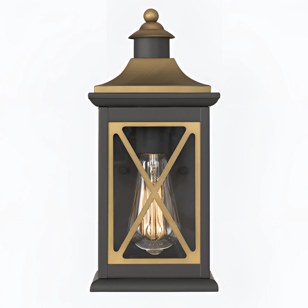 Outdoor vintage bronze candle wall sconce with a rectangular metal frame and pedestal base, featuring intricate art designs and a bronze finish.