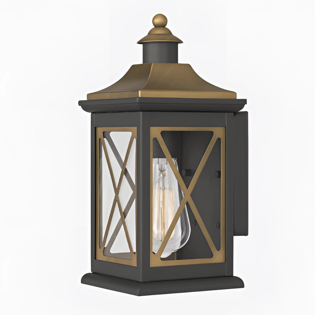 Outdoor vintage bronze candle wall sconce with rectangular design, glass panel, and metal frame.