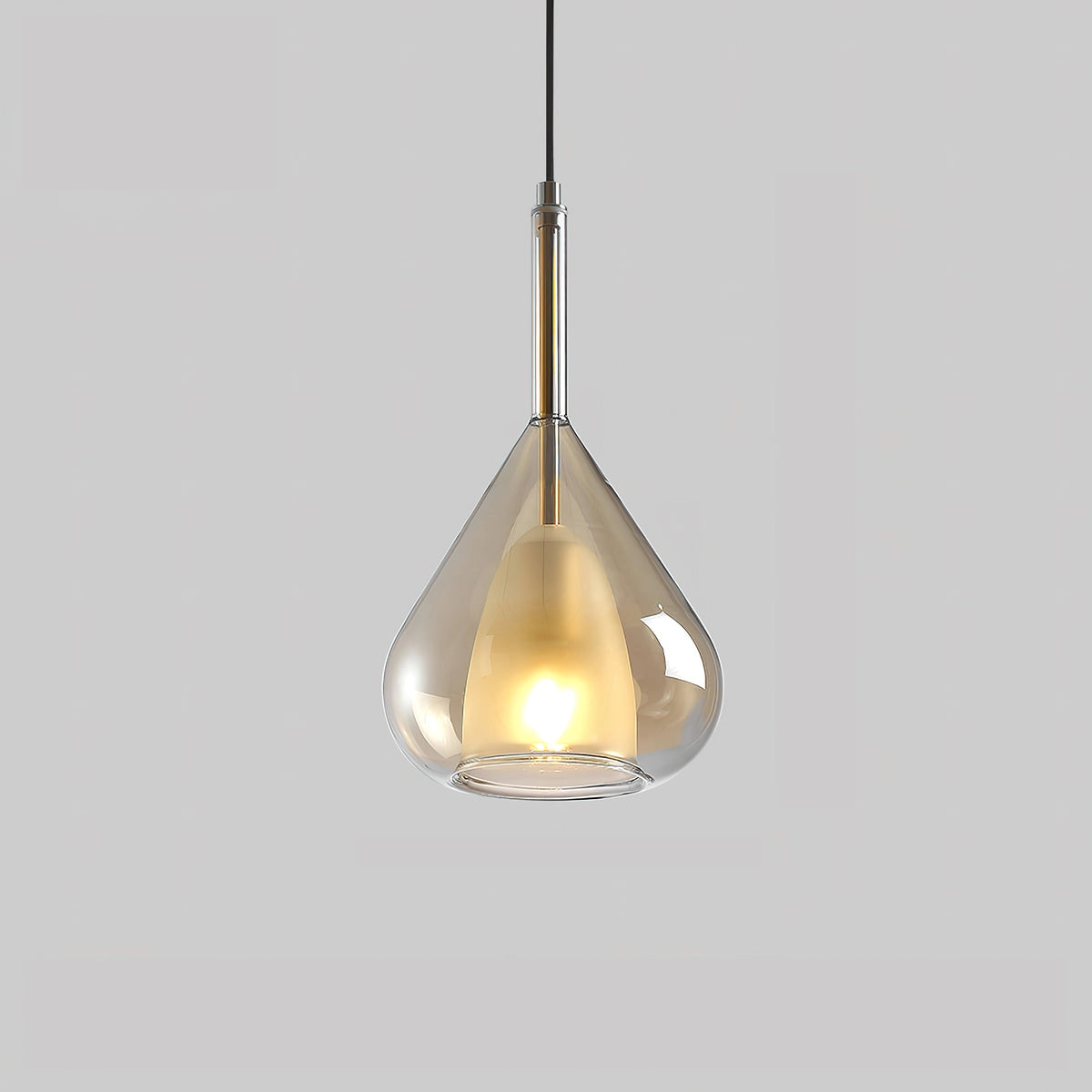 Nordic style pendant lamp with clear raindrop design and starlight effect, amber color, diameter 7.9 inches, height 14.7 inches, featuring a light bulb and ceiling fixture.