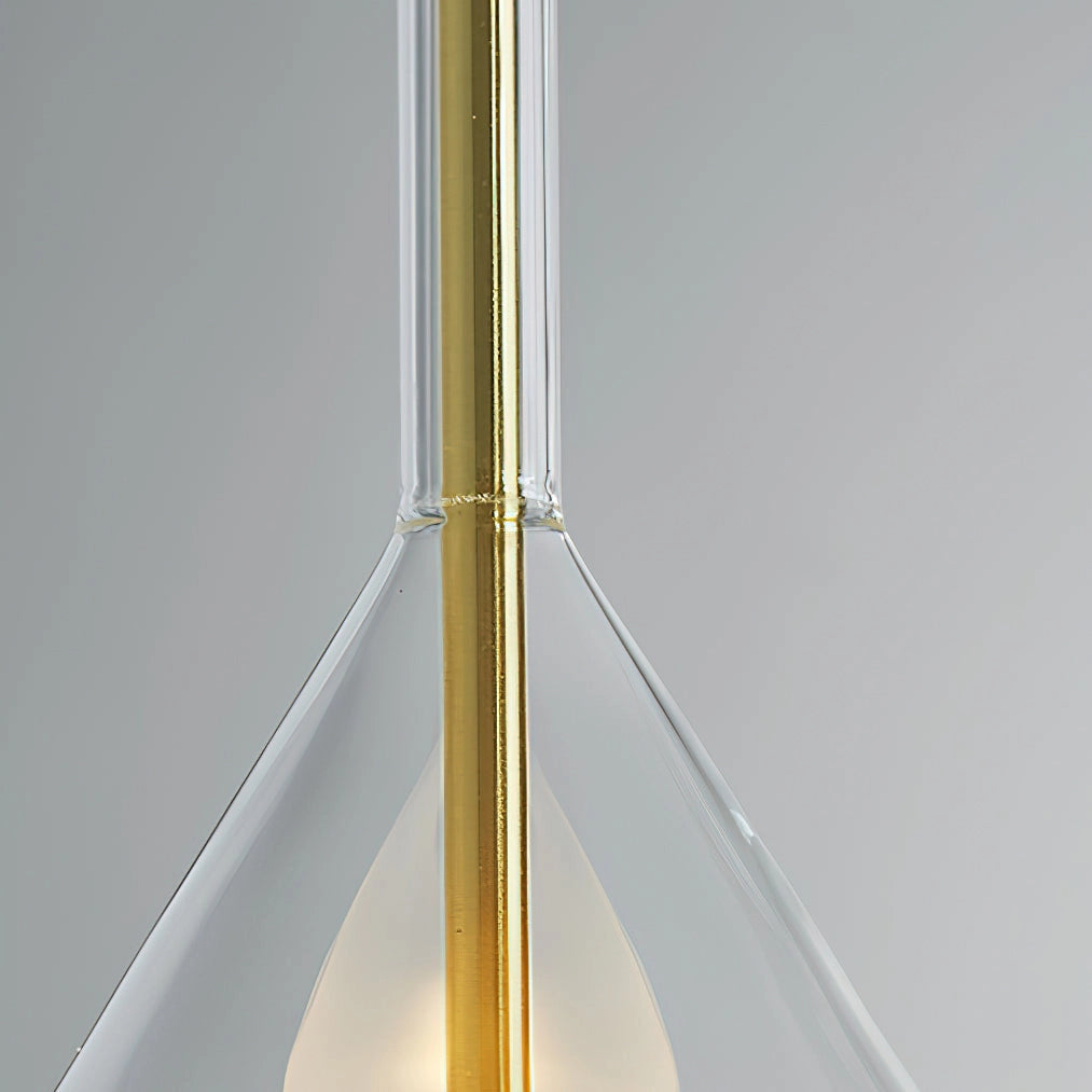 Pendant lamp with clear raindrop design and starlight effect, Nordic style, featuring a metal and wood combination, hanging from a pole against a sky-blue background.