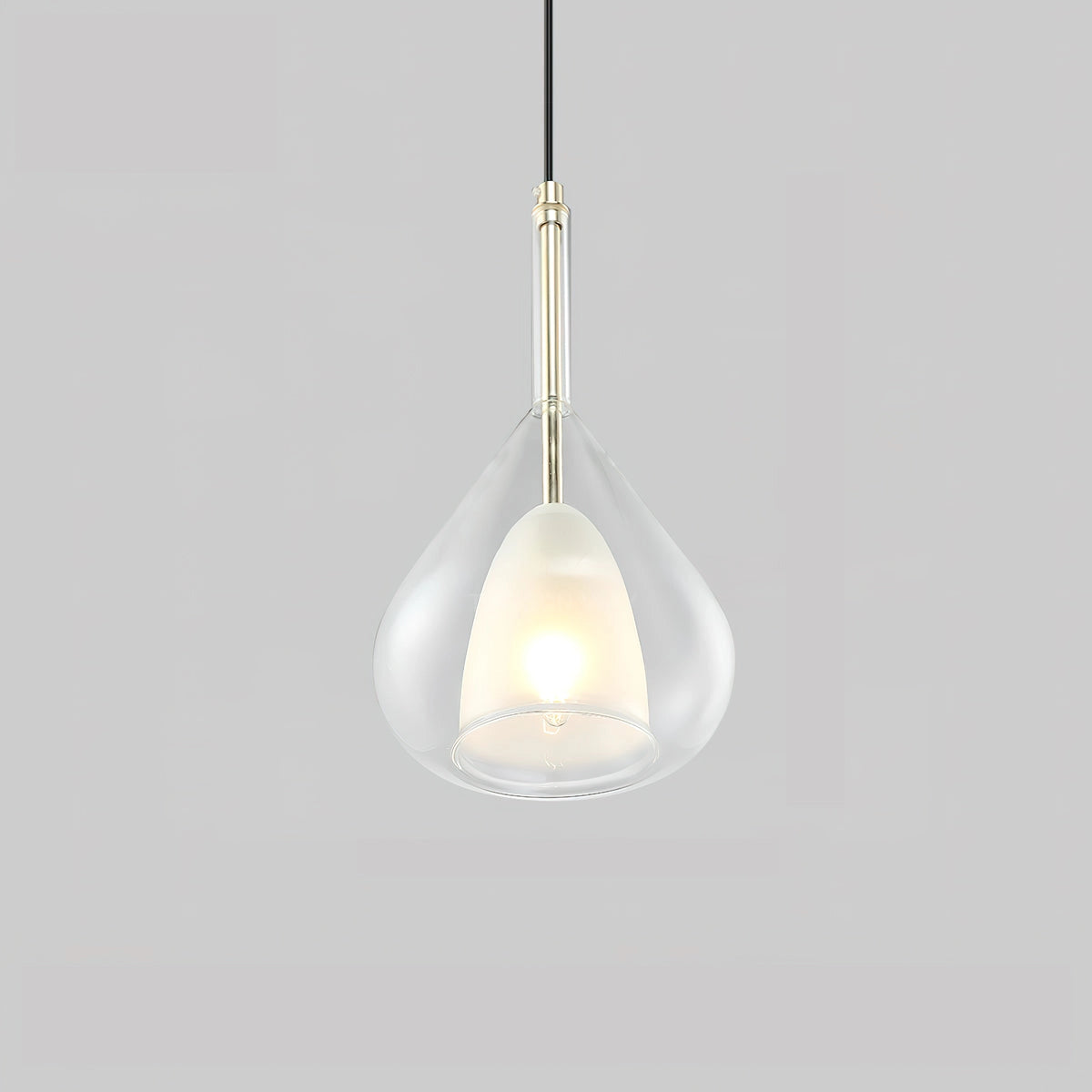 Nordic-style pendant lamp with a clear raindrop design and starlight effect, featuring a transparent body measuring 7.9 inches in diameter and 14.7 inches in height, hanging from the ceiling.