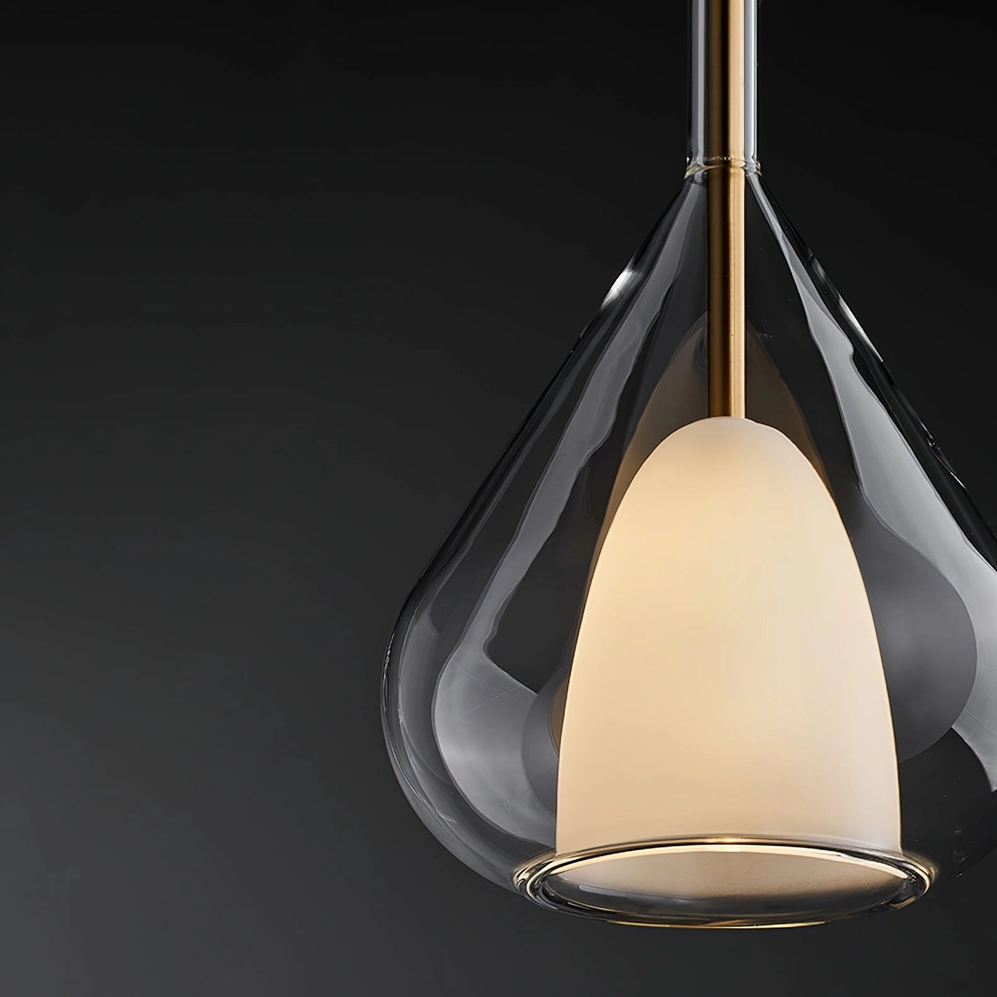 Nordic style pendant lamp with clear raindrop design and starlight effect, featuring a conical metal lampshade and light bulb, hanging from the ceiling.