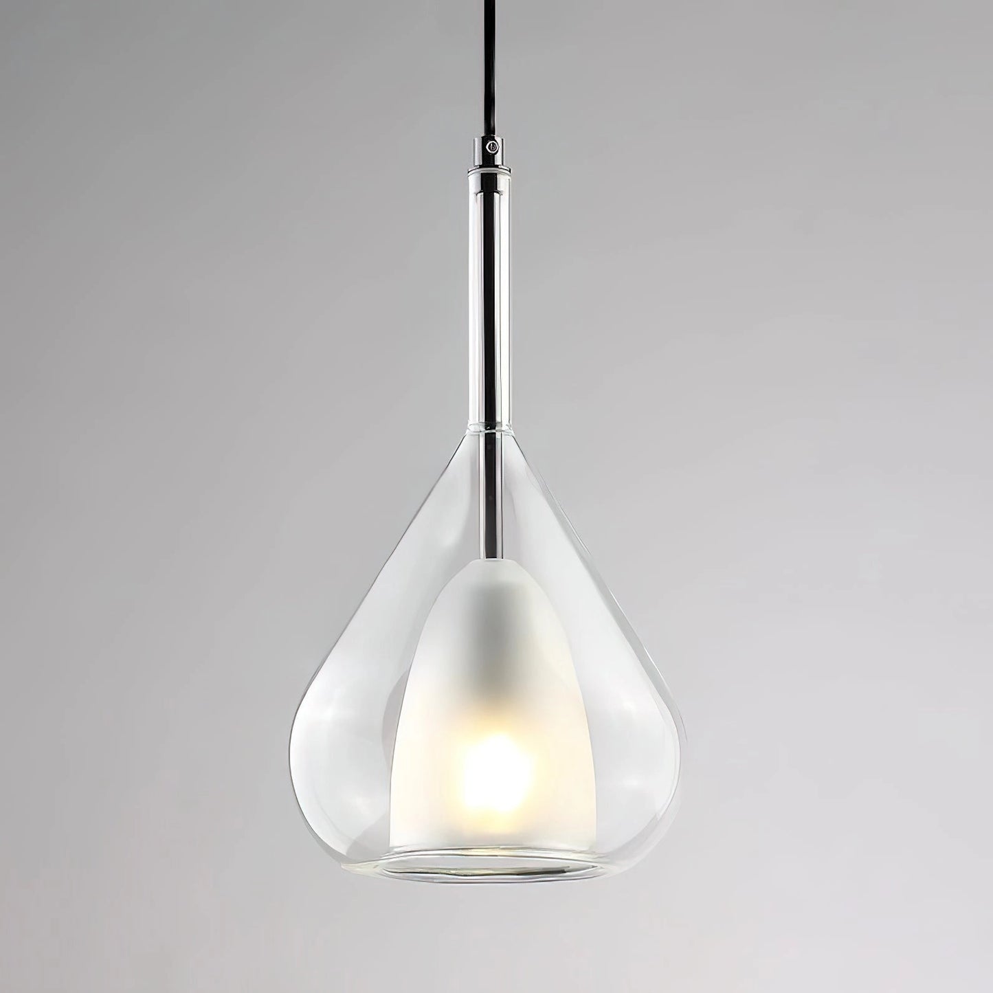 Nordic style pendant lamp with clear raindrop design and starlight effect, suspended from ceiling.