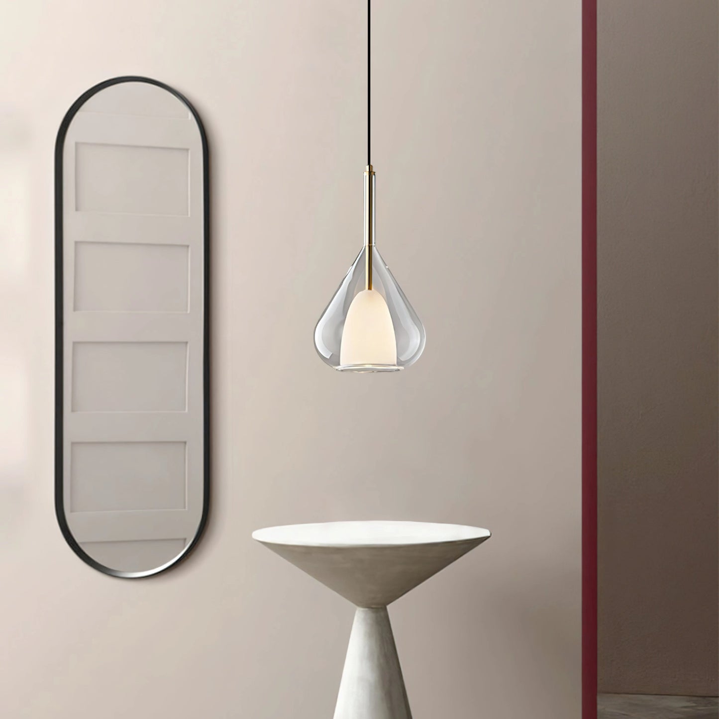 Pendant lamp with clear raindrop design and starlight effect in Nordic style, featuring a sleek metal frame and hanging as a ceiling fixture.