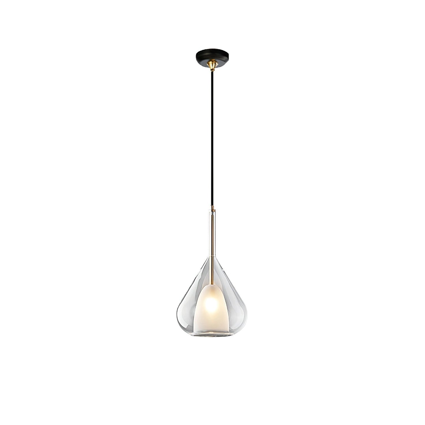 Pendant lamp with clear raindrop design and starlight effect in Nordic style, featuring a glass lampshade and metal fixtures, hanging from the ceiling.