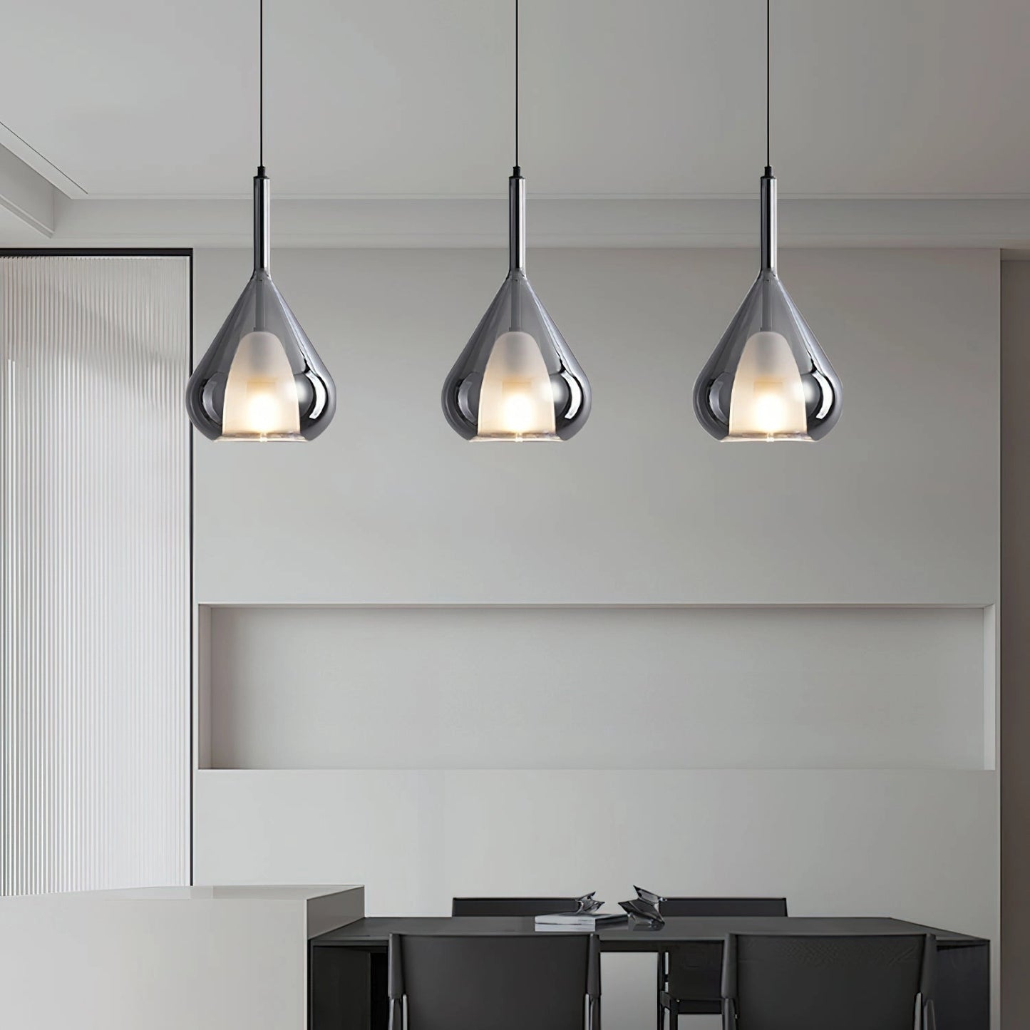 Nordic style pendant lamp with a clear raindrop design and starlight effect, featuring a wooden shade, hanging from the ceiling in a modern interior setting with grey tones.