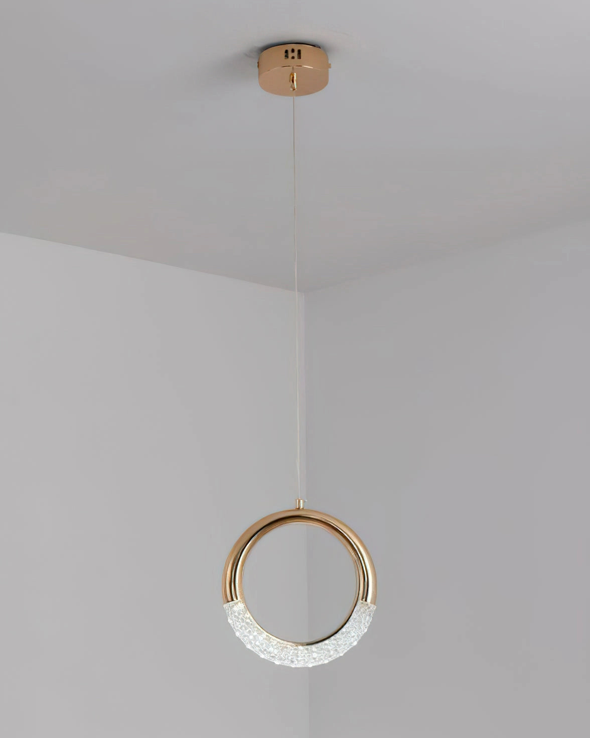 Modern Pendant Lamp Dante chandelier with wooden and metal elements, featuring circular and rectangular shapes, hanging from the ceiling.