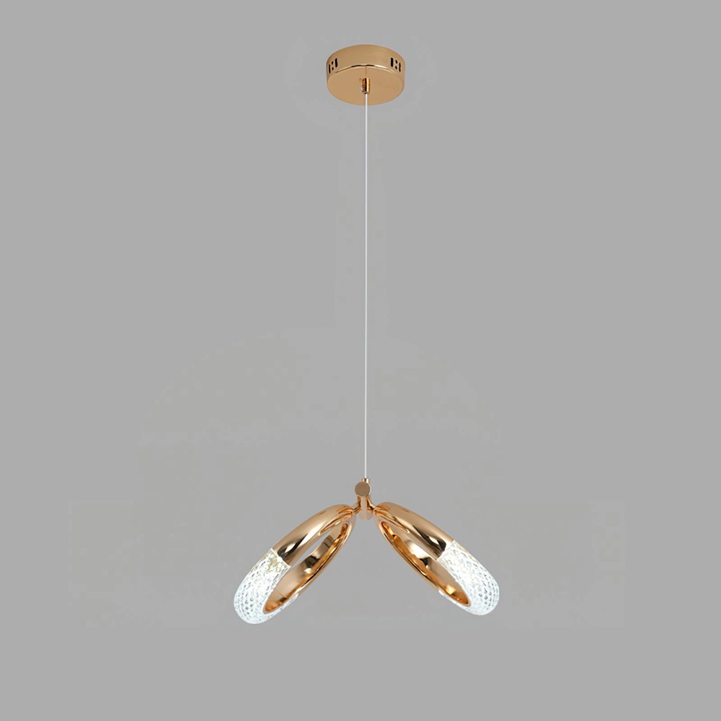 Modern gold pendant lamp with two heads, sleek design, dimensions 14.2" x 7.5" x 70.9", emits cool light, ideal for contemporary interiors.