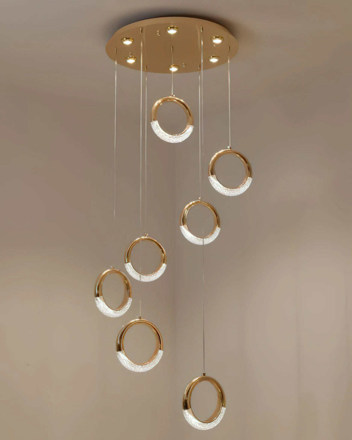 Modern Pendant Lamp Dante with Amber Glass Shade and Wooden Accents Hanging from Ceiling