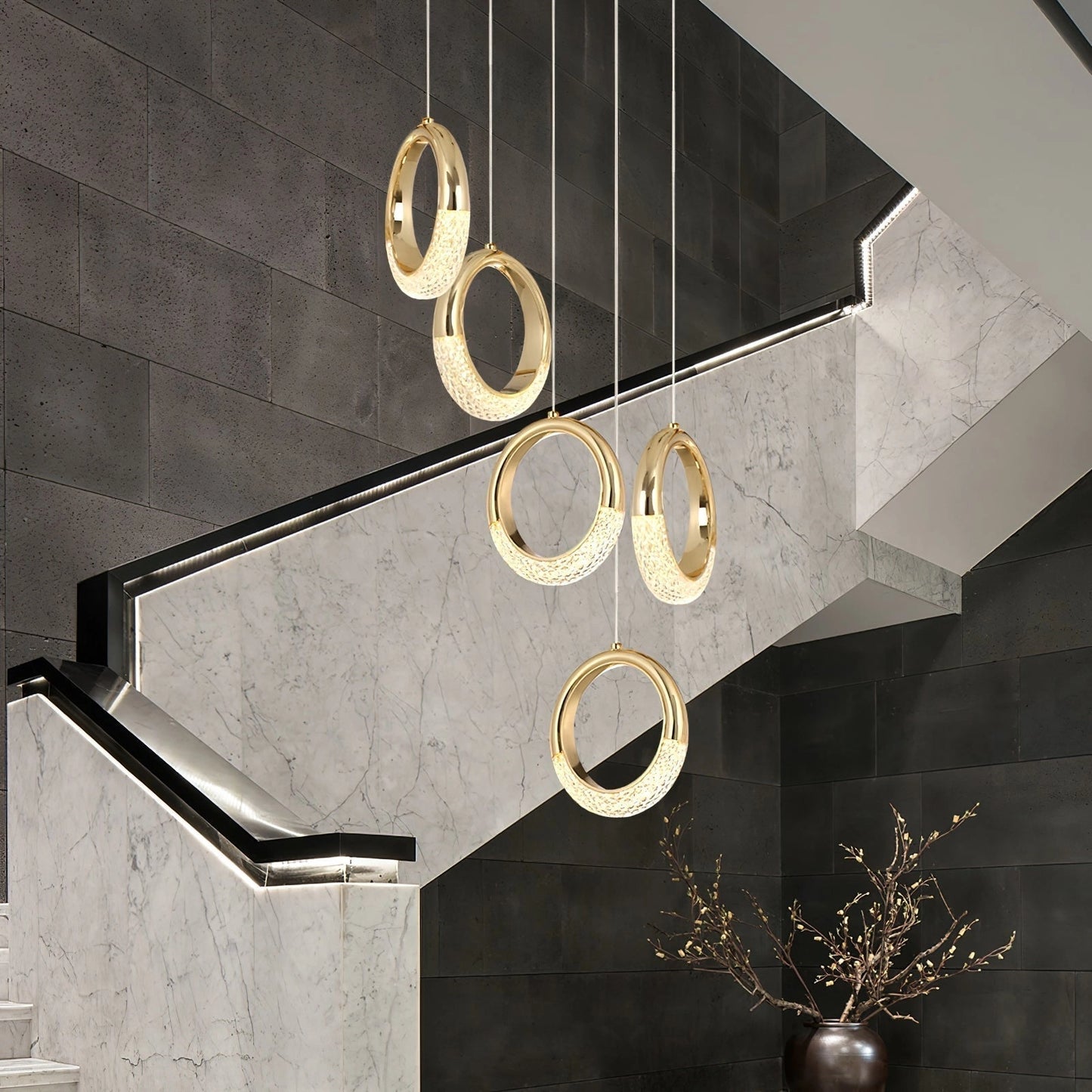 Modern Pendant Lamp Dante Chandelier with Black and Gold Accents, Rectangular Shape, Mounted on Wall with Wood and Metal Materials