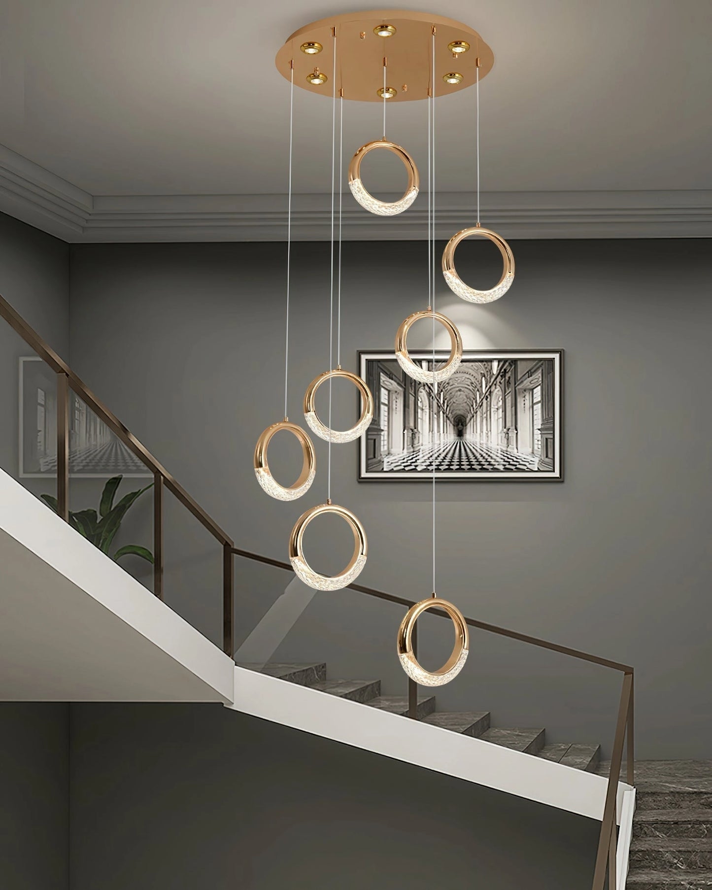 Modern rectangular pendant lamp Dante made of wood, illuminating a stylish interior with shelving and wall art.