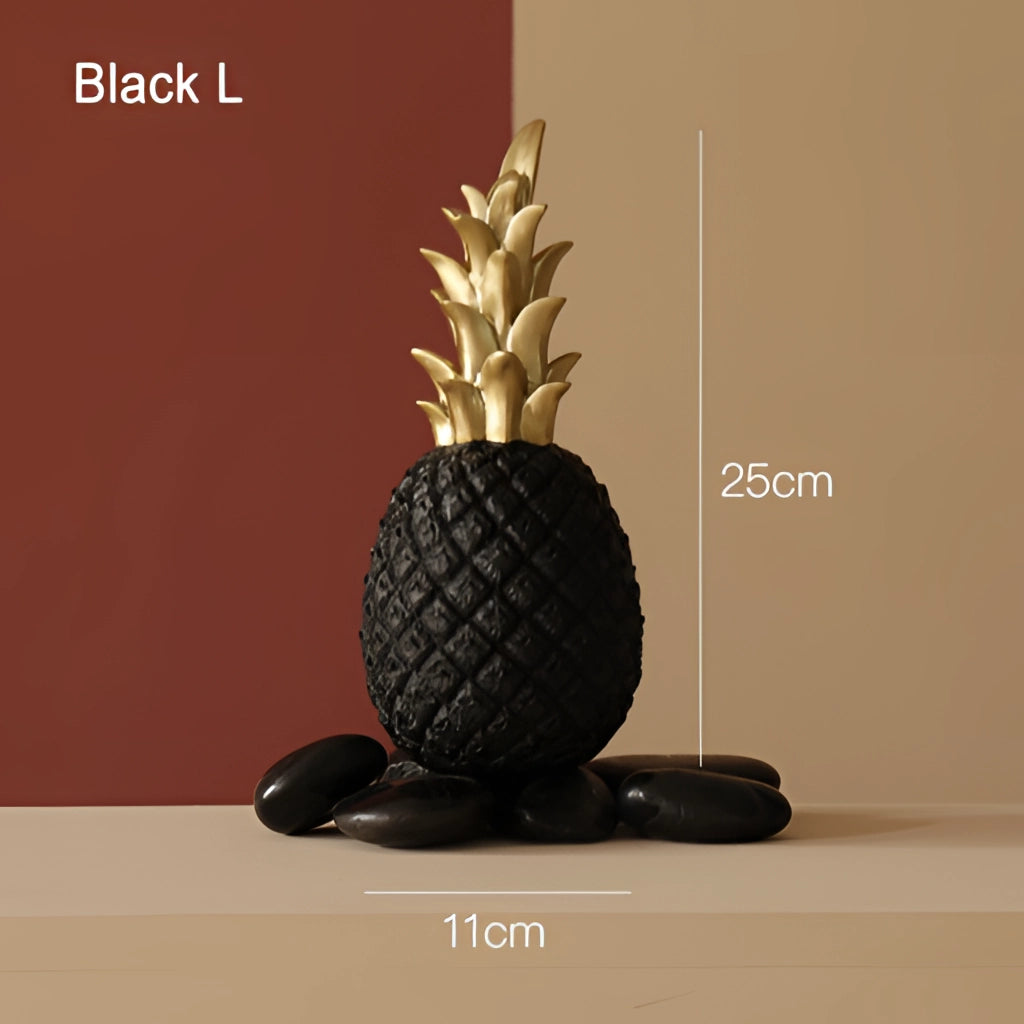 Golden resin pineapple-shaped ornament, black base, Nordic home decor.