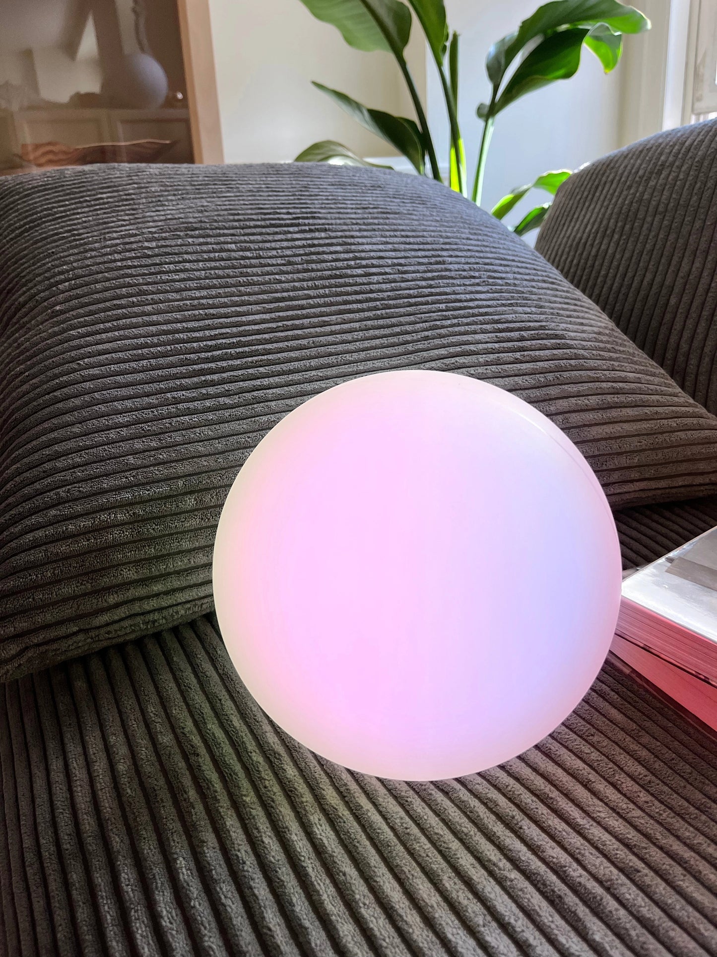 Rechargeable cordless LED moon table lamp with 16 color options placed on a wooden table beside a houseplant and a tablecloth.