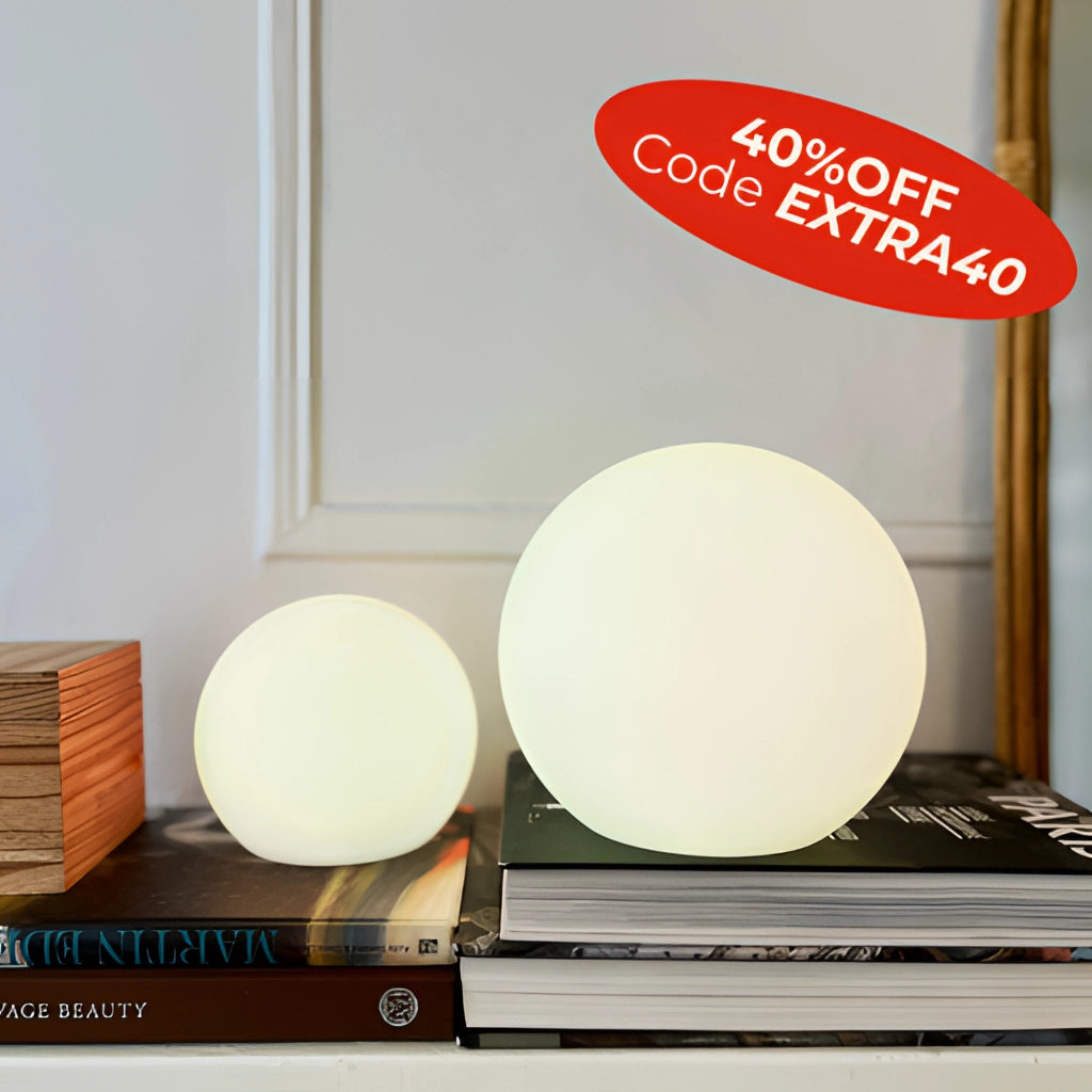 Rechargeable Cordless LED Moon Table Lamp with 16 Color Options on a wooden base.