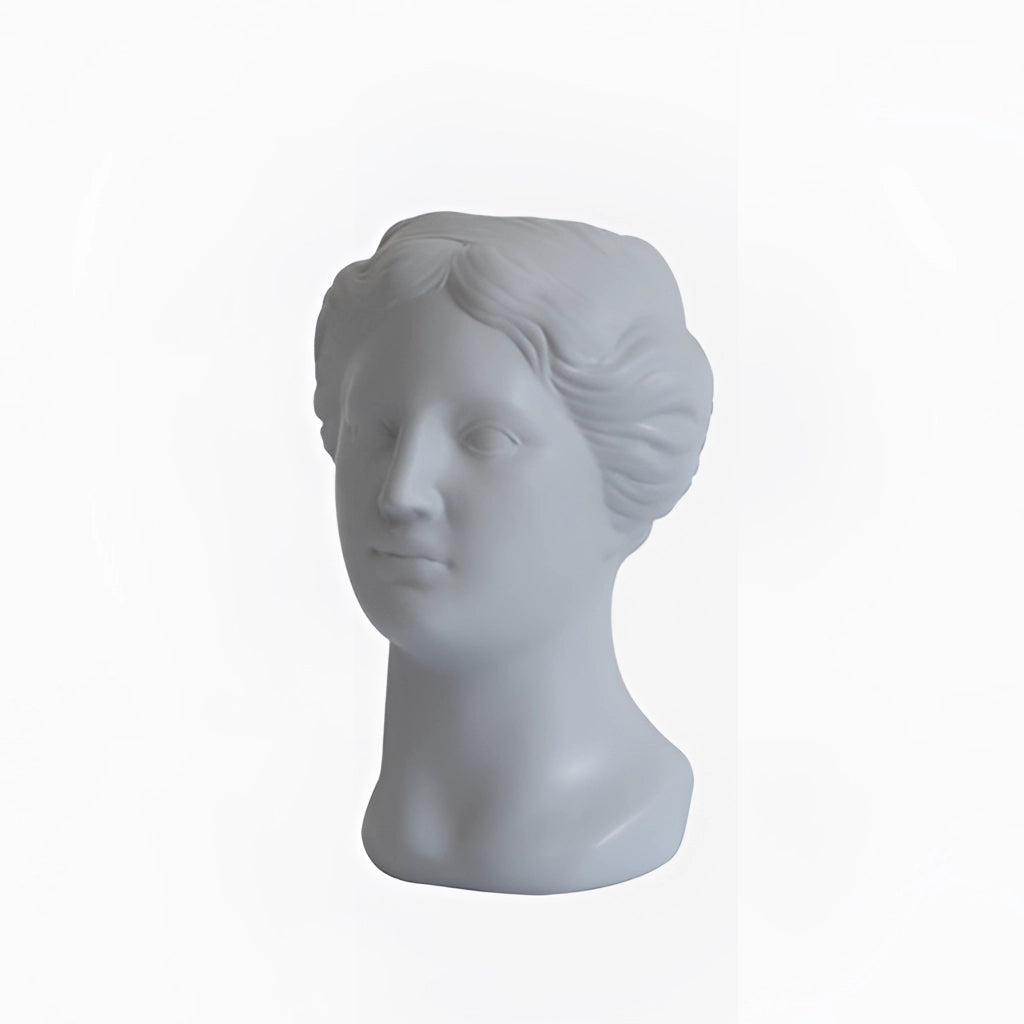 Grey Resin Neoclassical Venus Vase featuring intricate details of the Venus sculpture, emphasizing the human body, hair, and neck.