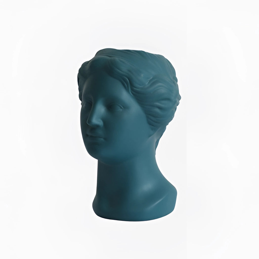 Teal Resin Neoclassical Venus Vase featuring sculpted human face and neck details.