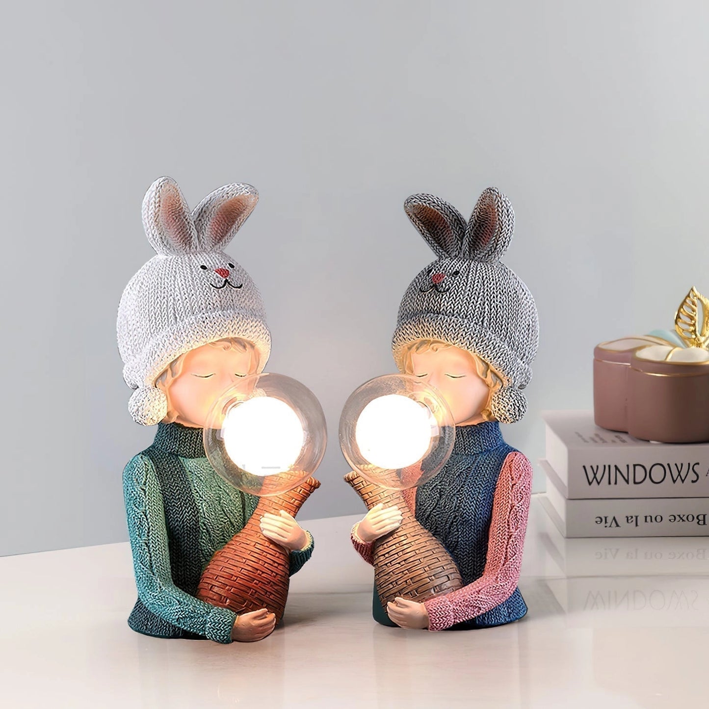Resin table lamp featuring an elegant rabbit girl with a dual glass lampshade, set on a wooden base, suitable for room decor.