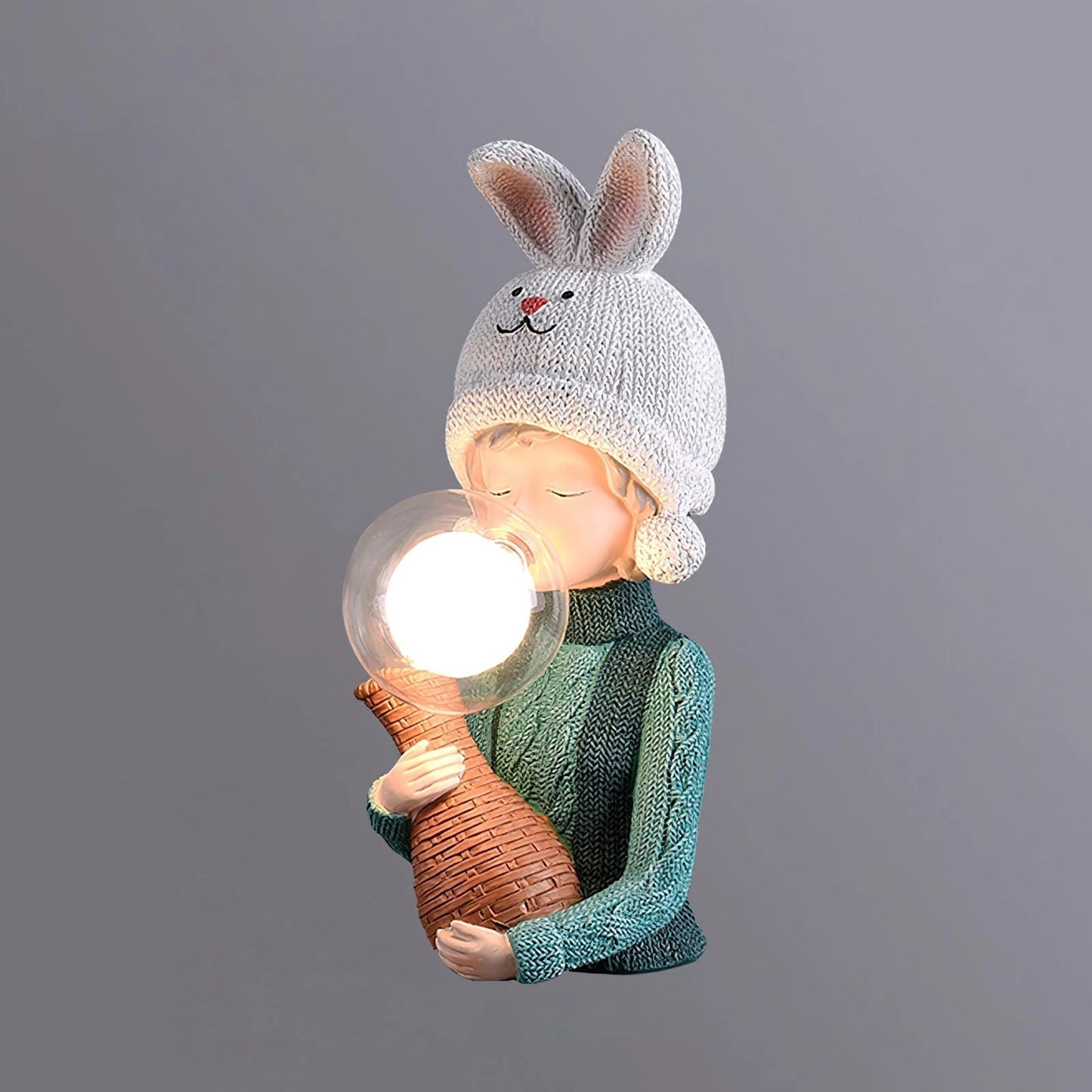 Resin table lamp featuring a detailed white rabbit girl figure with dual glass lampshades, dimensions ∅ 3.1″ x W 5.1″ x H 12.2″.
