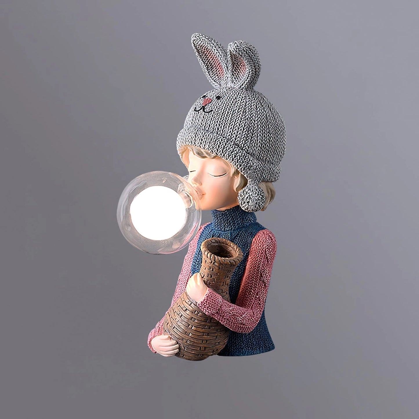 Resin table lamp featuring an elegant grey rabbit girl figurine with dual glass lampshades, standing on a wooden base, measuring ∅ 3.1″ x W 5.1″ x H 12.2″.