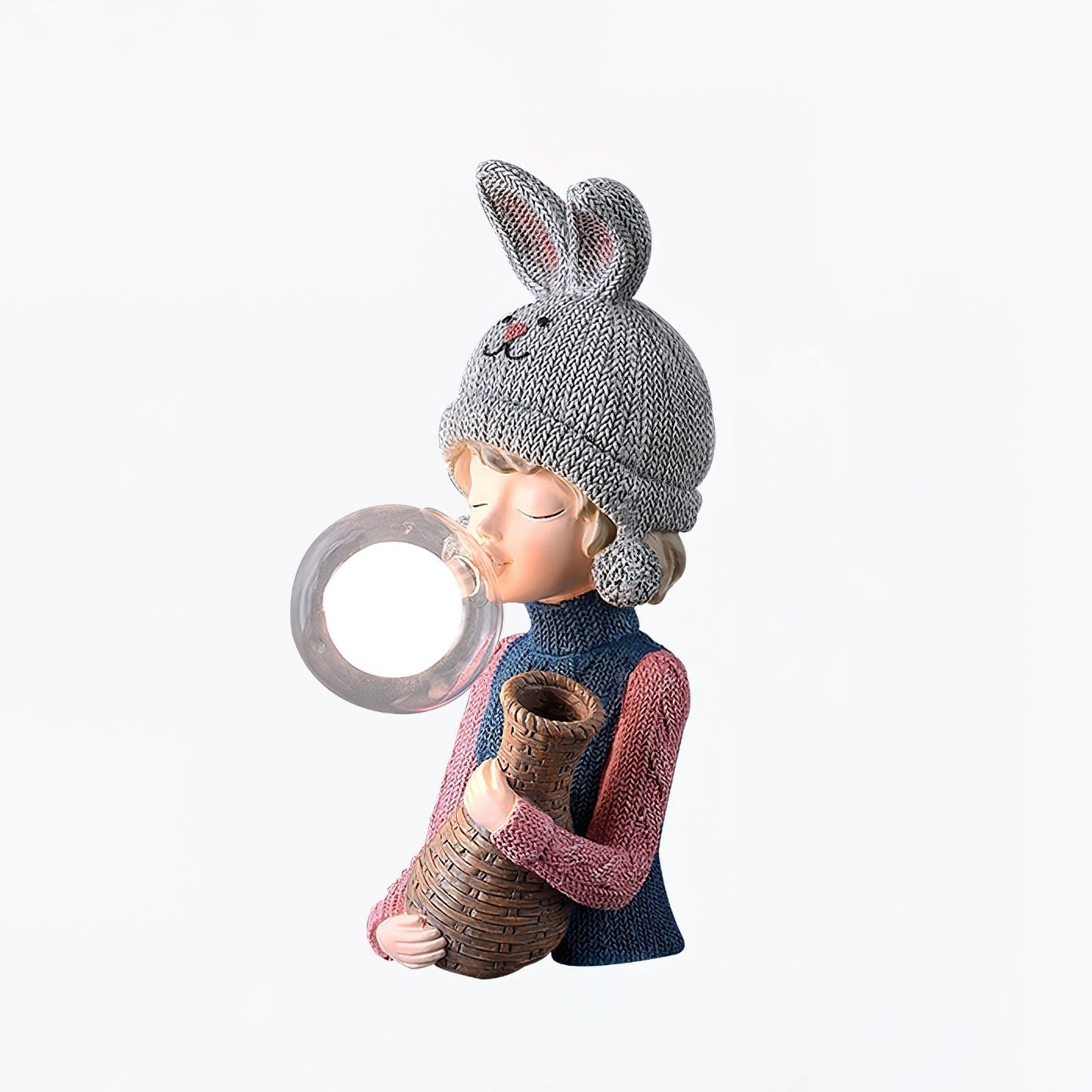 Resin table lamp featuring an elegant rabbit girl figurine with a dual glass lampshade, designed with intricate patterns and dressed in a magenta outfit.