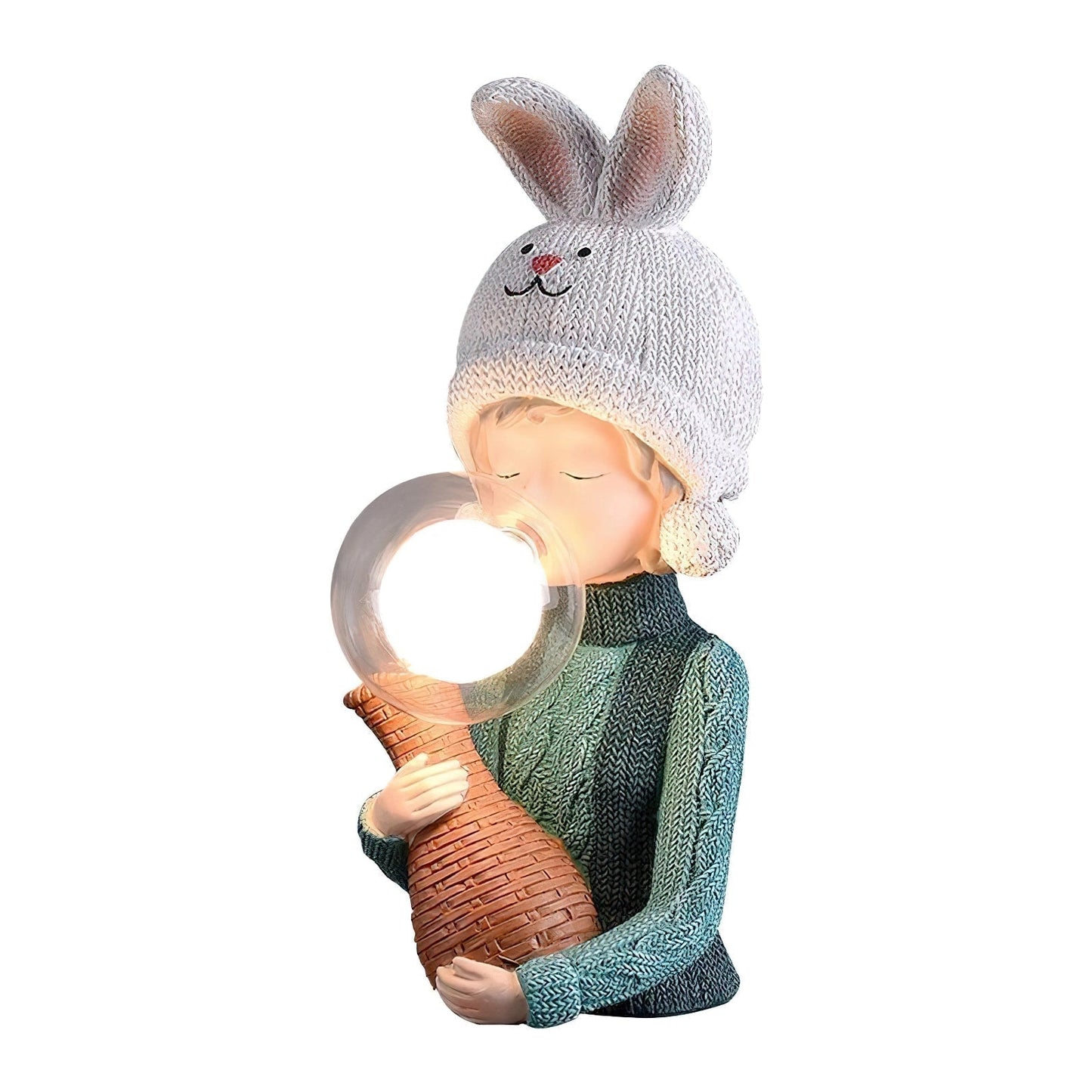 A resin table lamp featuring a rabbit girl with a dual glass lampshade, showing a close-up of the rabbit girl's hand and arm, wearing a cap and costume hat with fawn-like elements.