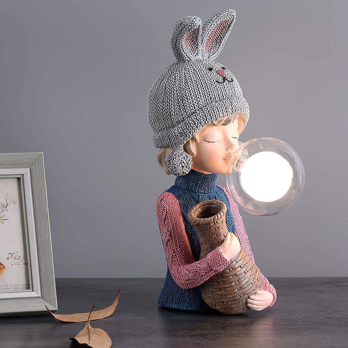 Resin table lamp featuring an elegant rabbit girl with dual glass lampshades, dressed in a white outfit, standing on a wooden base.