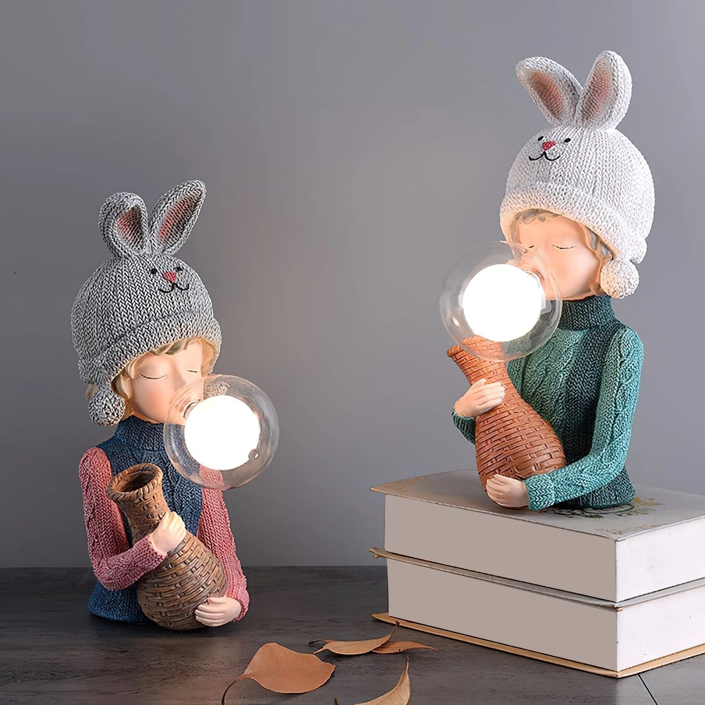 Resin table lamp featuring an elegant rabbit girl with dual glass lampshades, displaying artistic design and wood accents, suitable for enhancing room decor.