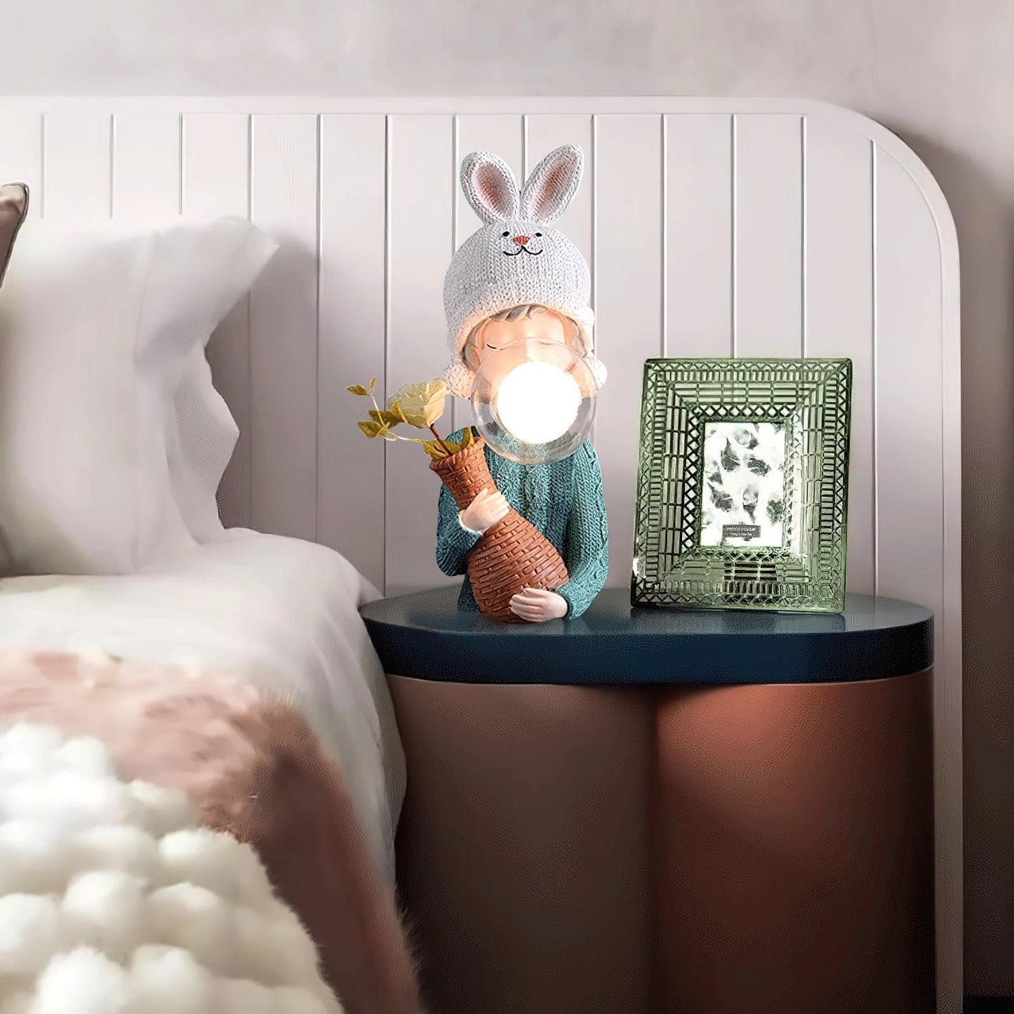 Resin table lamp featuring an elegant rabbit girl figurine with a dual glass lampshade, designed for interior decor.